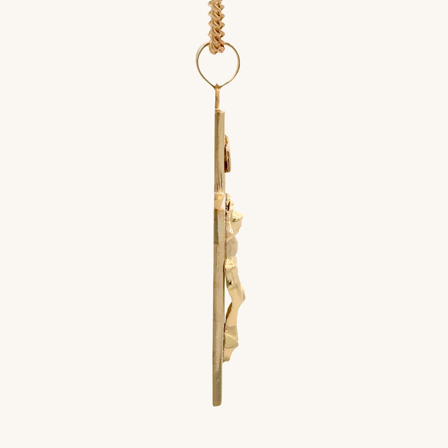 XXL 14K double‑bonded gold INRI crucifix pendant with engine‑turned texture and high‑polish finish on 22" Cable chain side image