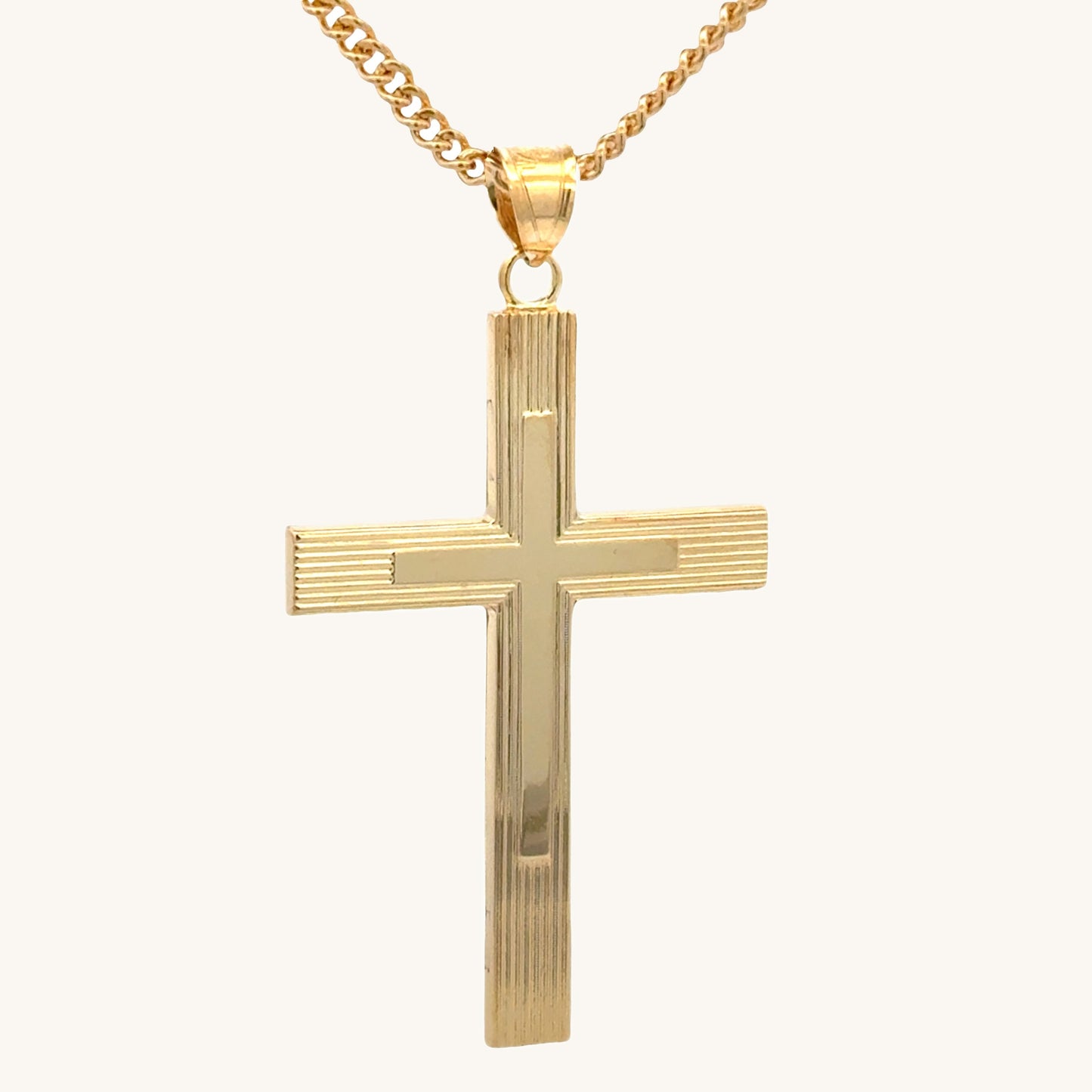 Solid 14K Double Bonded Gold XXL Engine-Turn design Cross pendant on a cable chain main image