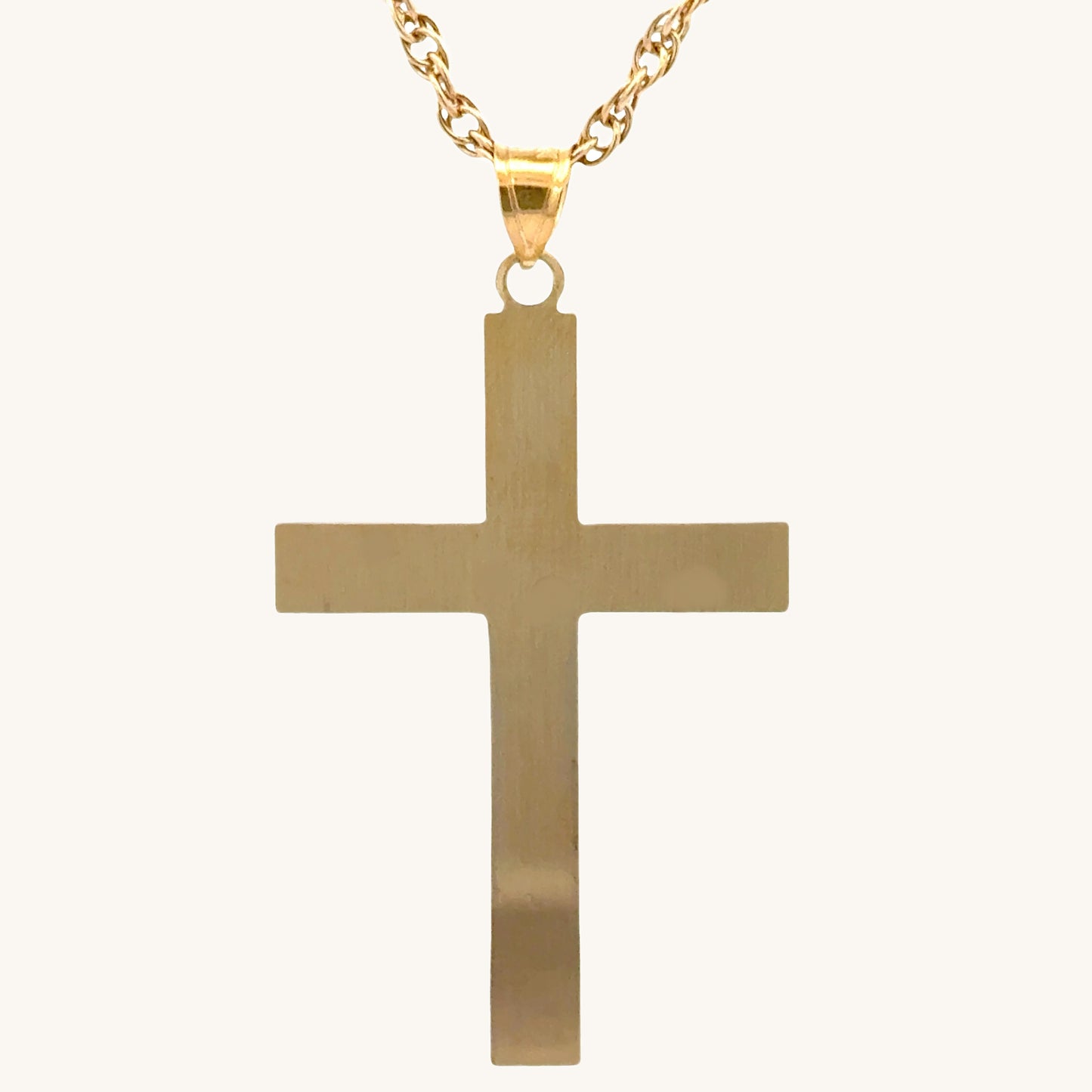 Solid 14K Double Bonded Gold XXL Engine-Turn design Cross pendant on a rope chain back image