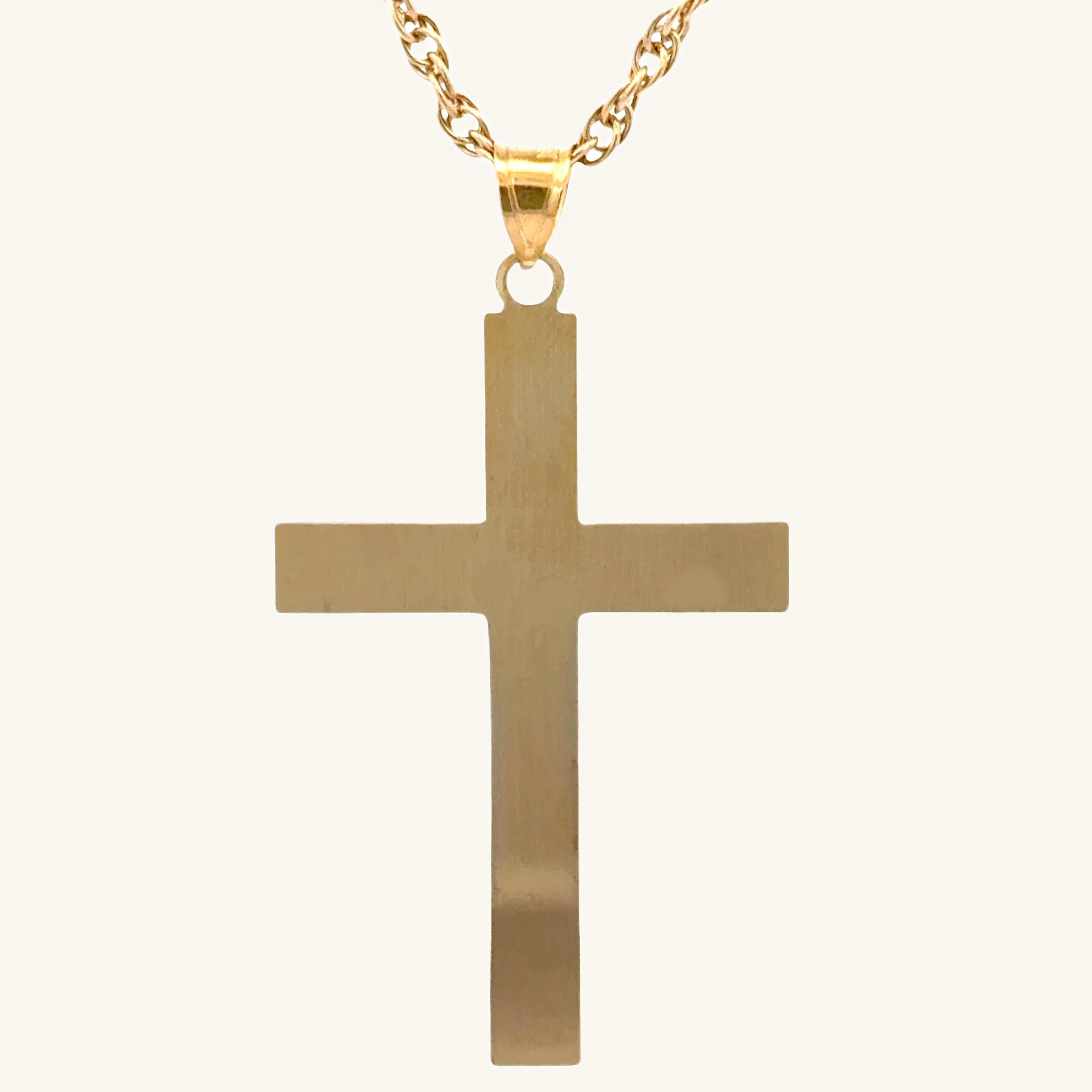 Solid 14K Double Bonded Gold XXL plain polished Cross pendant on a rope chain back image