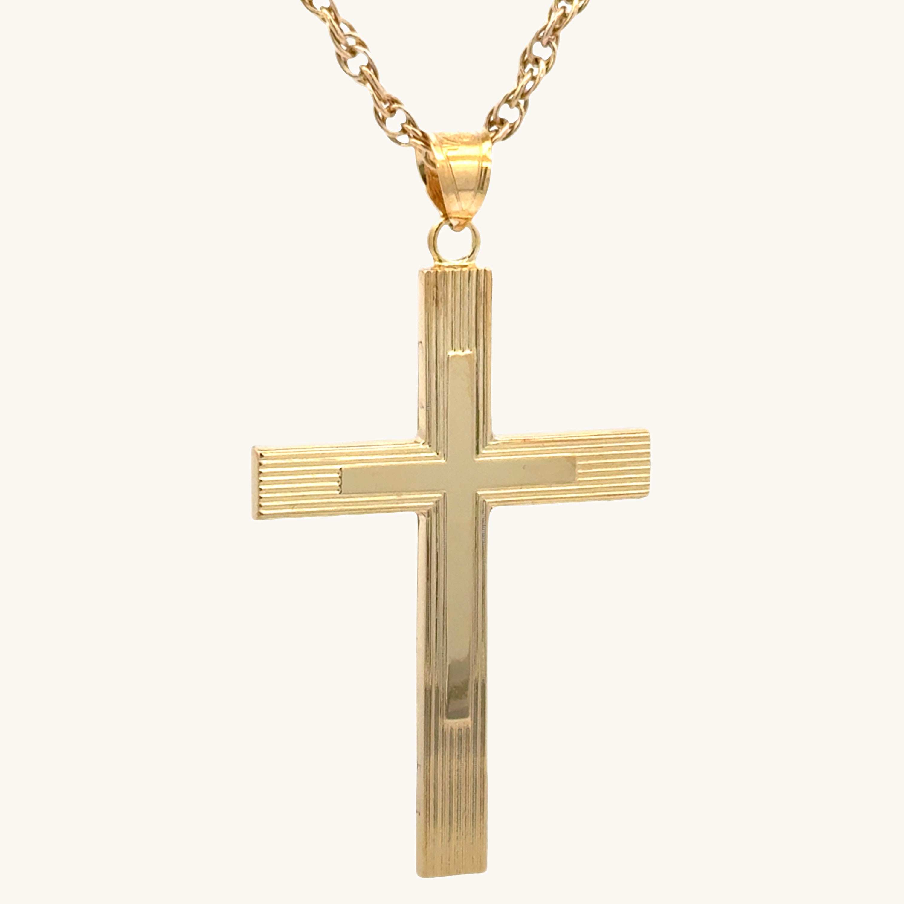Solid 14K Double Bonded Gold XXL Engine-Turn design Cross pendant on a rope chain main image
