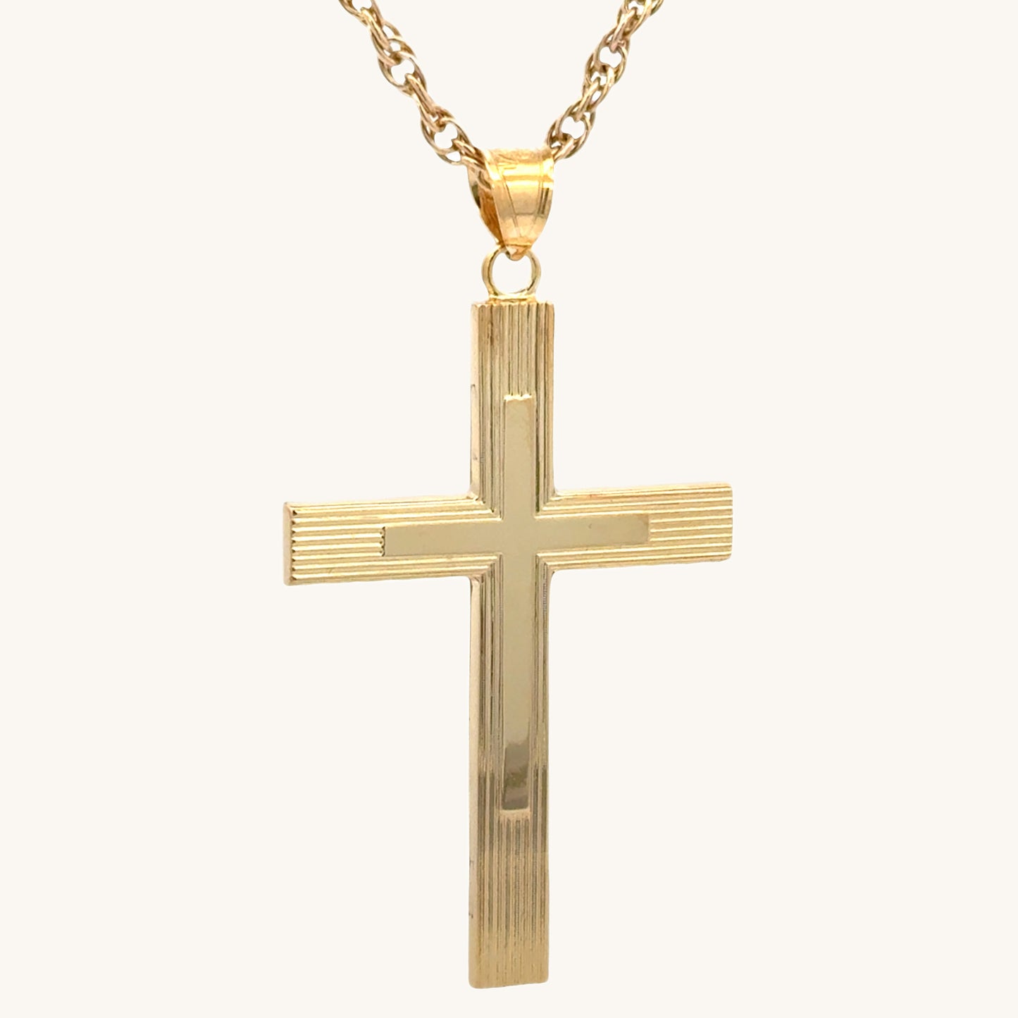 Solid 14K Double Bonded Gold XXL Engine-Turn design Cross pendant on a rope chain main image
