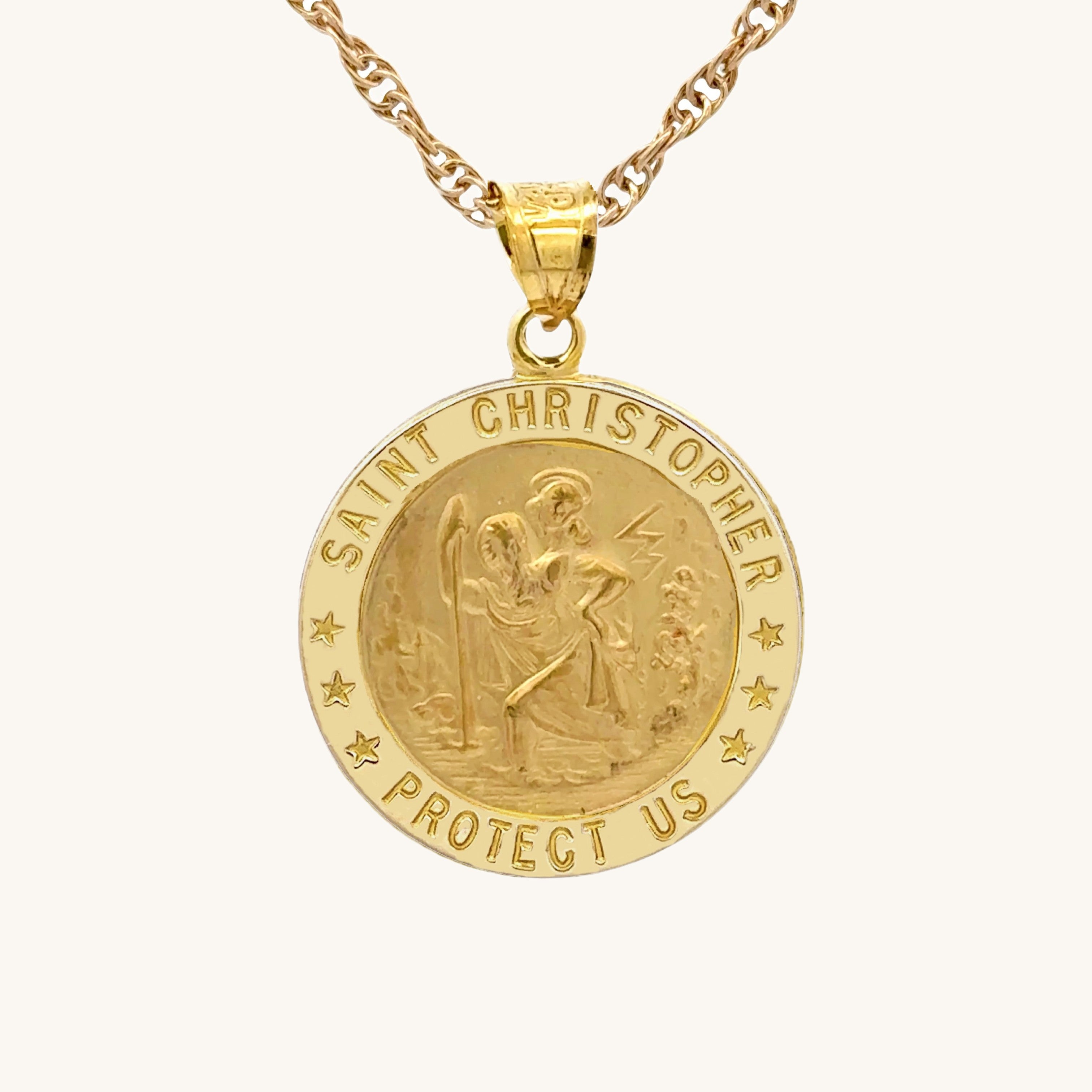 Solid 14K Double Bonded Gold Saint Christopher Medal L (size of Nickel) M (size of Dime) size on rope chain main image