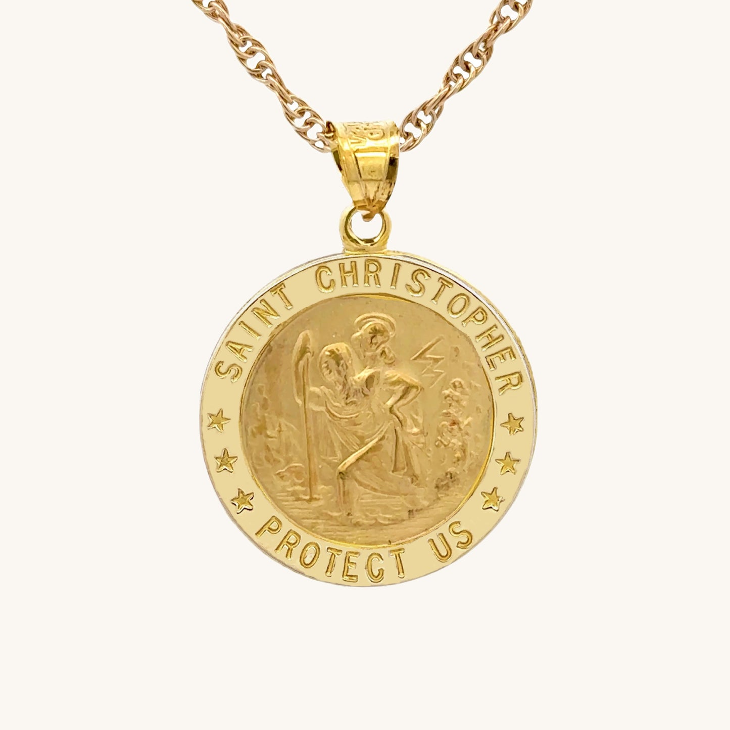 Solid 14K Double Bonded Gold Saint Christopher Medal L (size of Nickel) M (size of Dime) size on rope chain main image