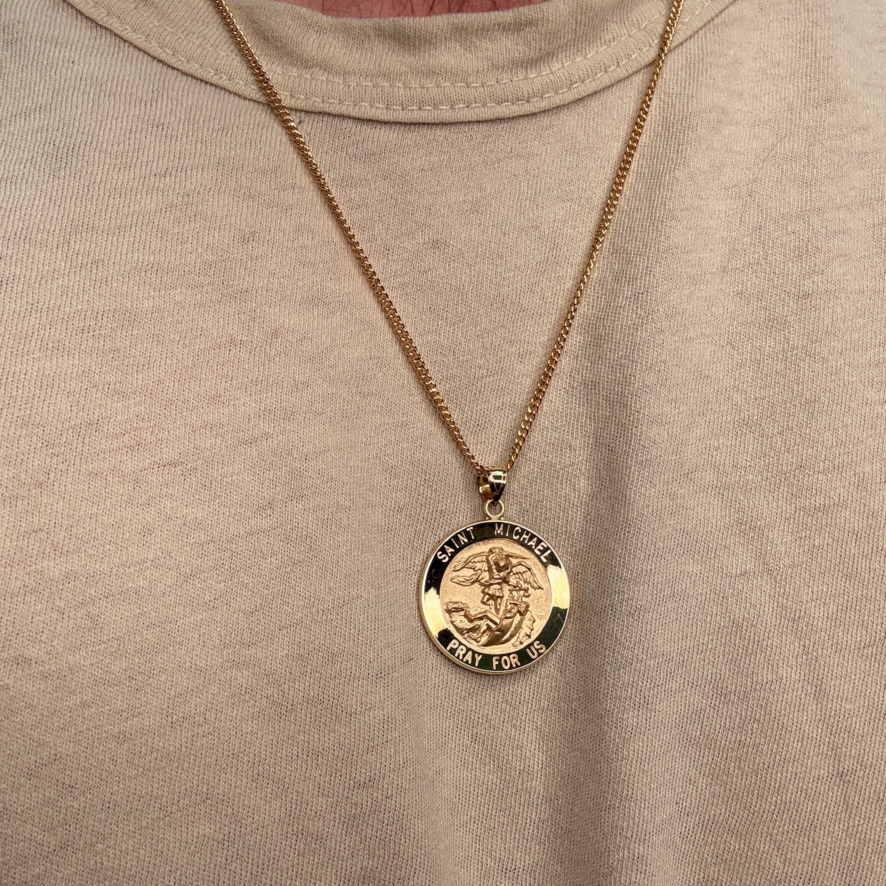 Solid 14K Double Bonded Gold Saint Michael pendant medal XL (size off Quarter) M (size of Dime) on cable chain lifestyle being worn image