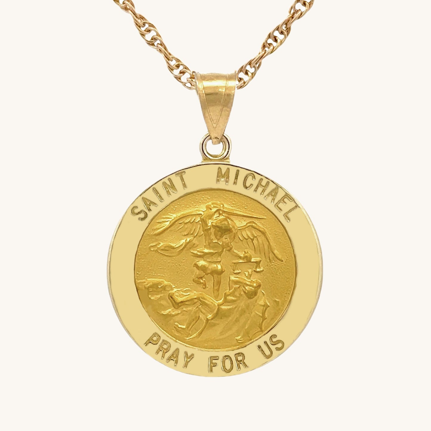 Solid 14K Double Bonded Gold Saint Michael pendant medal XL (size off Quarter) M (size of Dime) on rope chain main image