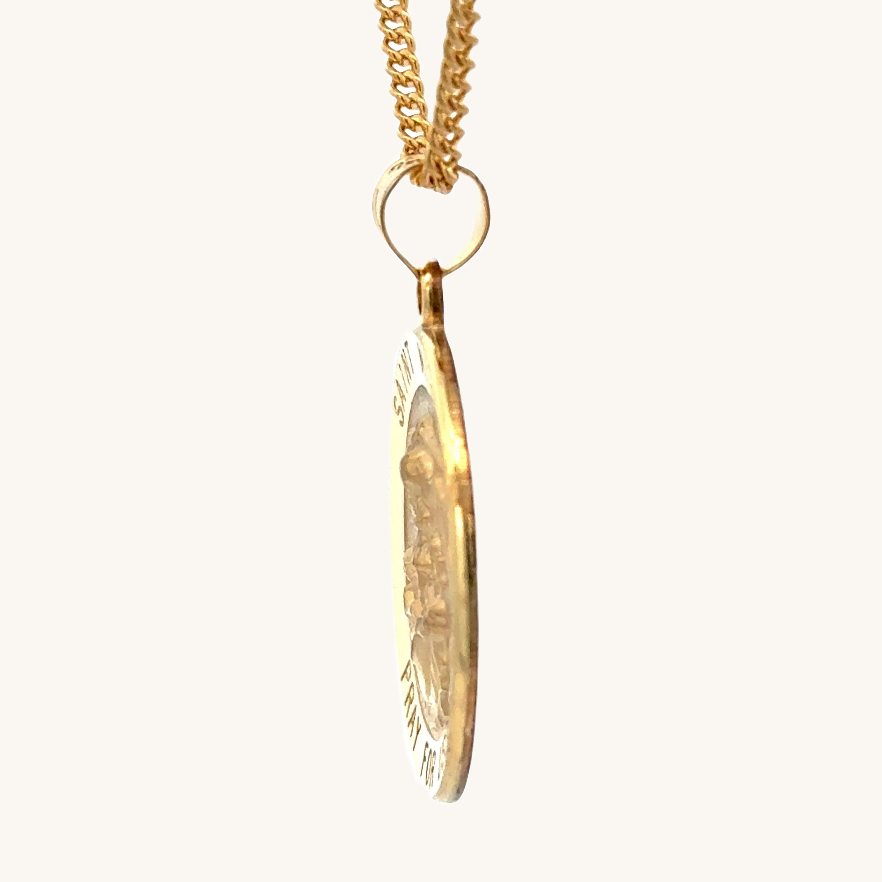 Solid 14K Double Bonded Gold Saint Michael pendant medal XL (size off Quarter) M (size of Dime) on cable chain side image
