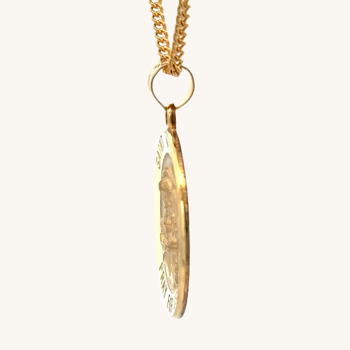 Solid 14K Double Bonded Gold Saint Michael pendant medal XL (size off Quarter) M (size of Dime) on cable chain side image