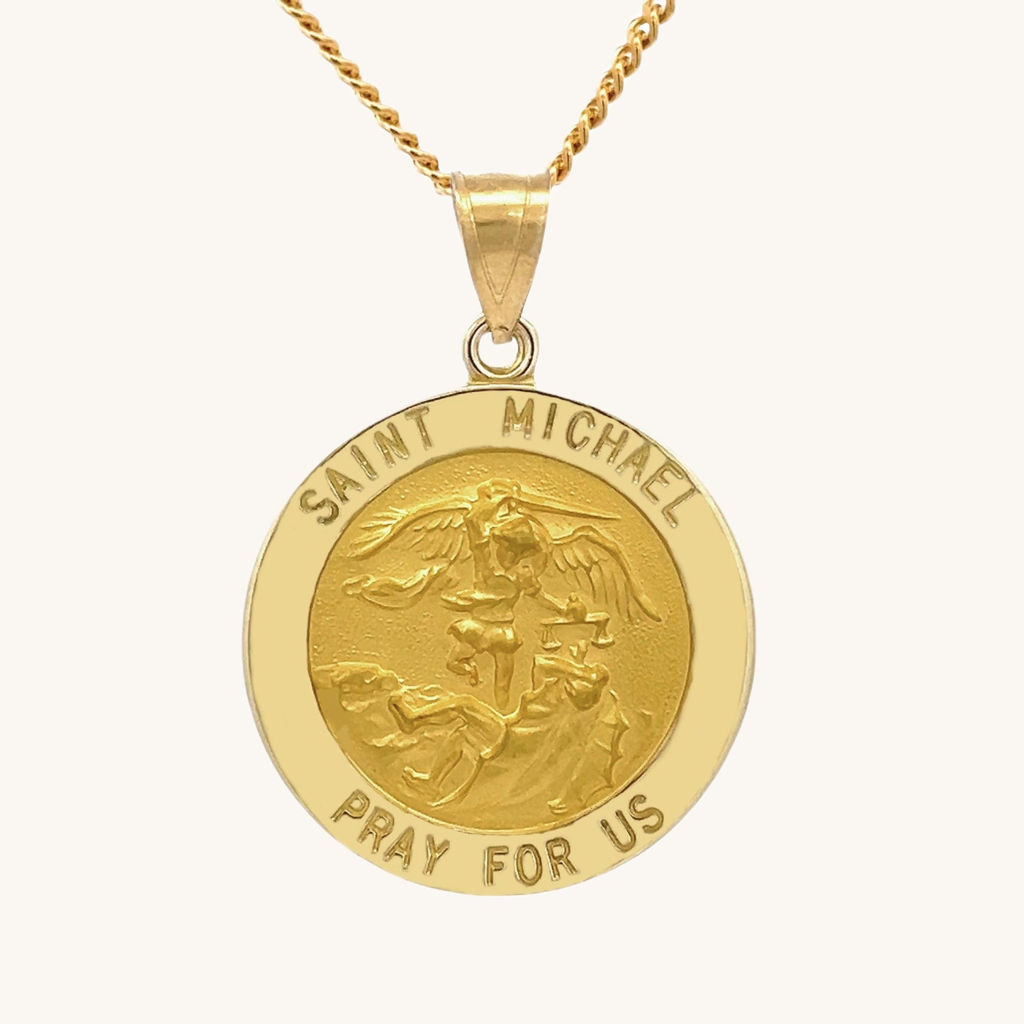 Solid 14K Double Bonded Gold Saint Michael pendant medal XL (size off Quarter) M (size of Dime) on cable chain main image