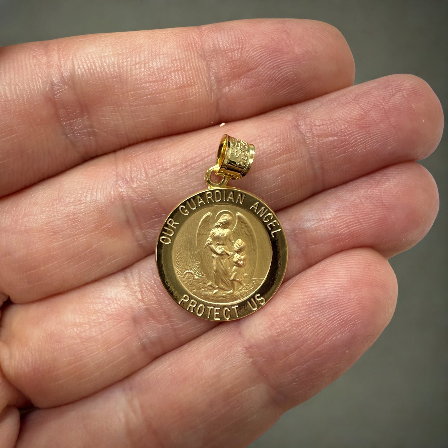 Solid 14K Double Bonded Gold Our Guardian Angel pendant medal M (size of Dime) lifestyle image close up