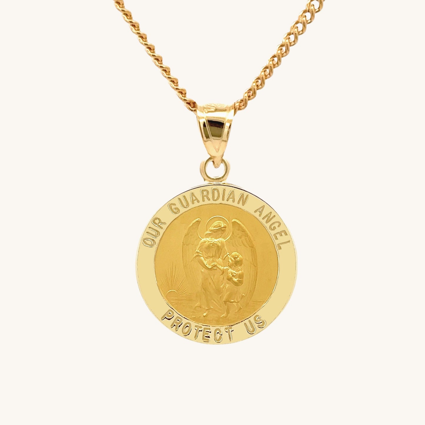 Solid 14K Double Bonded Gold Our Guardian Angel pendant medal M (size of Dime) on chain main image