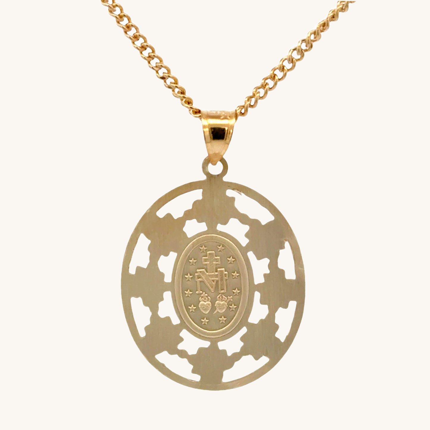 Solid 14K Double Bonded Gold Miraculous Virgin Mary Flower Frame medal pendant on a cable chain back image