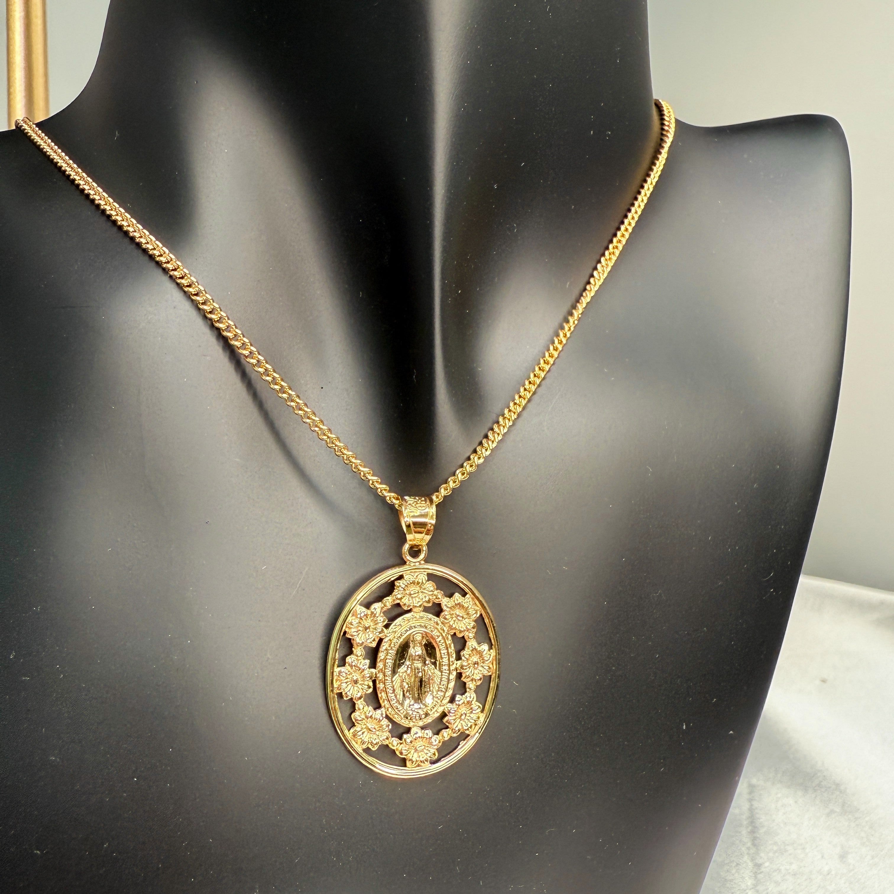 Solid 14K Double Bonded Gold Miraculous Virgin Mary Flower Frame medal pendant on a cable chain lifestyle image
