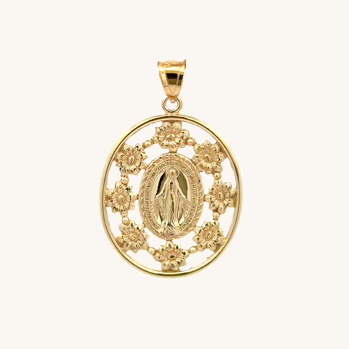 Solid 14K Double Bonded Gold Miraculous Virgin Mary Flower Frame medal pendant only main image