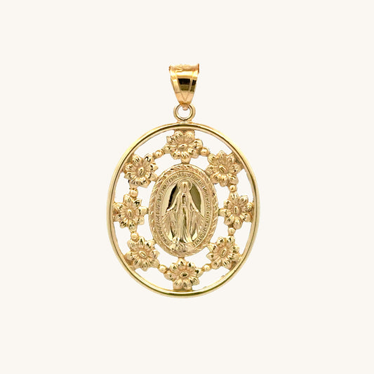 Solid 14K Double Bonded Gold Miraculous Virgin Mary Flower Frame medal pendant only main image