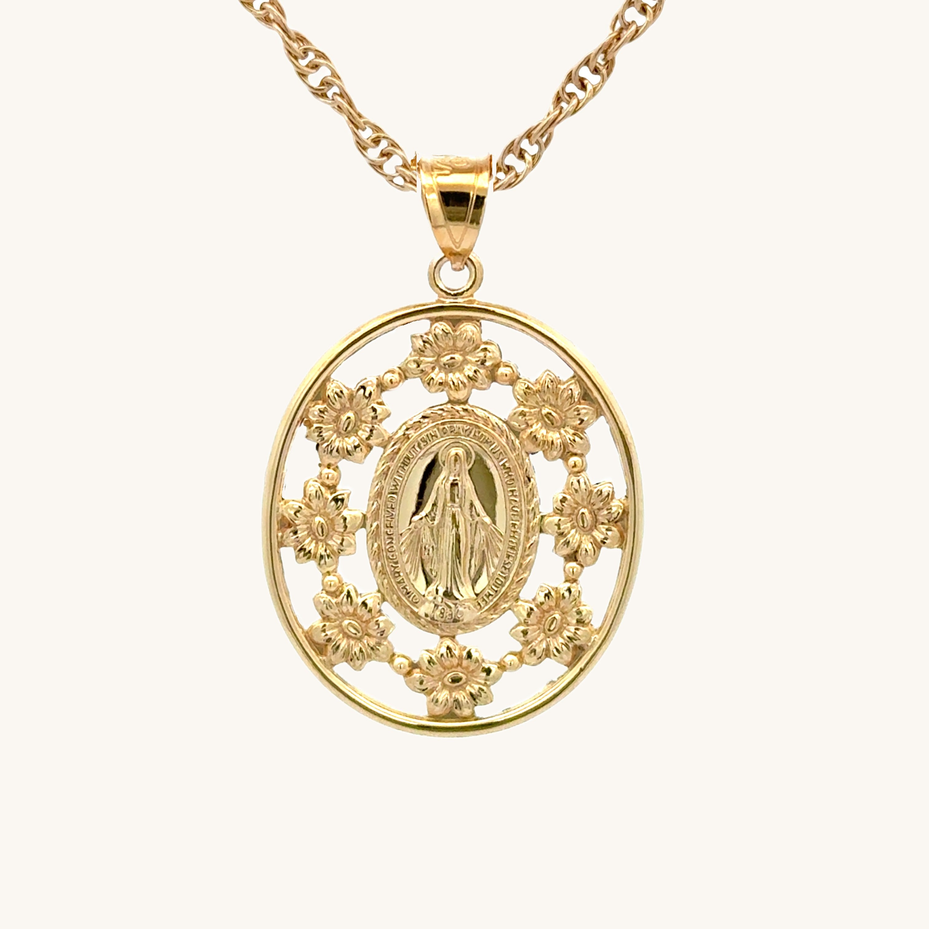 Solid 14K Double Bonded Gold Miraculous Virgin Mary Flower Frame medal pendant on a rope chain main image