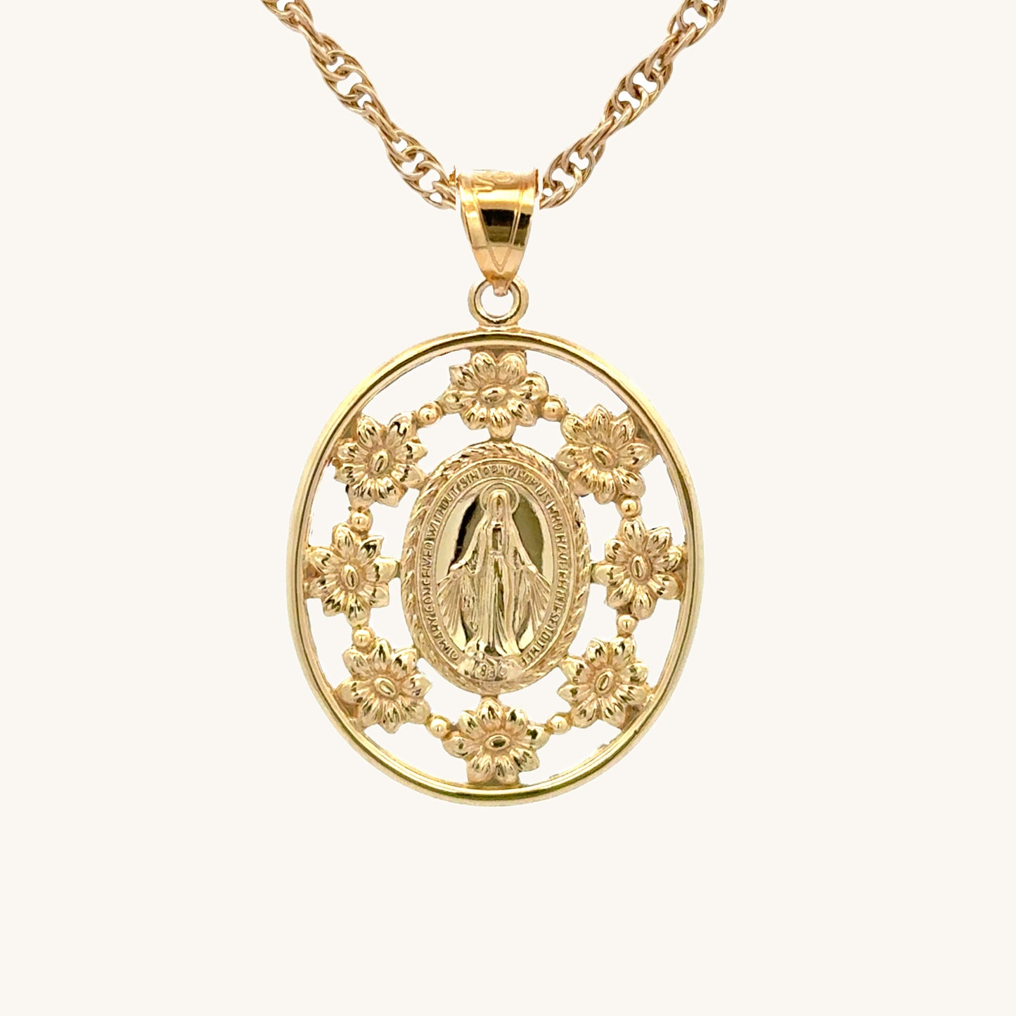 Solid 14K Double Bonded Gold Miraculous Virgin Mary Flower Frame medal pendant on a rope chain main image