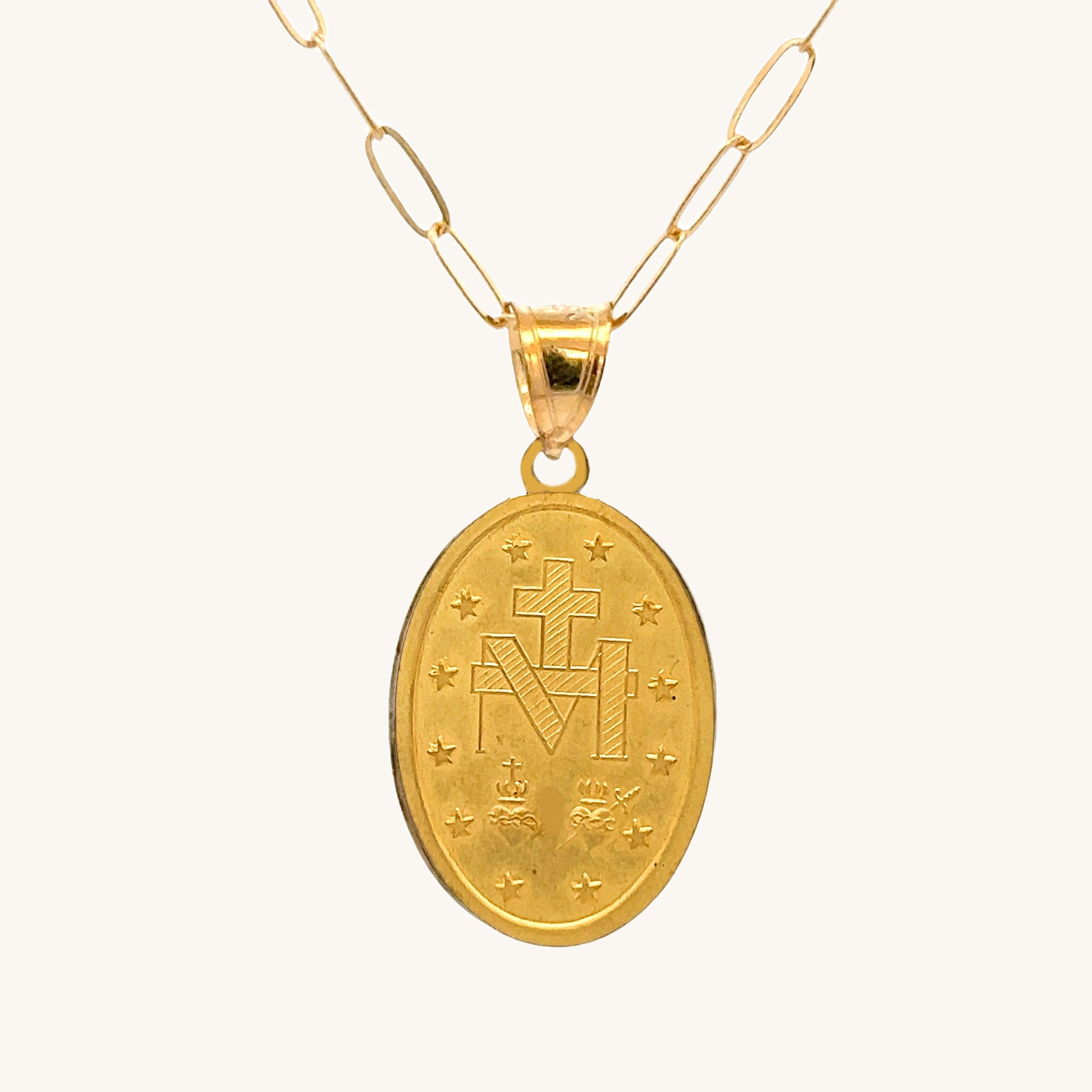 14K Double Bonded Gold Miraculous Virgin Mary oval medal necklace on paperclip chain back image