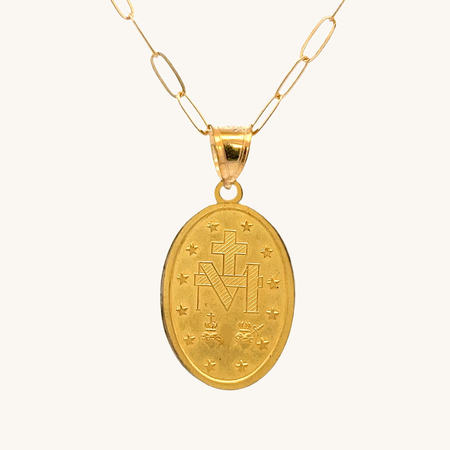 14K Double Bonded Gold Miraculous Virgin Mary oval medal necklace on paperclip chain back image