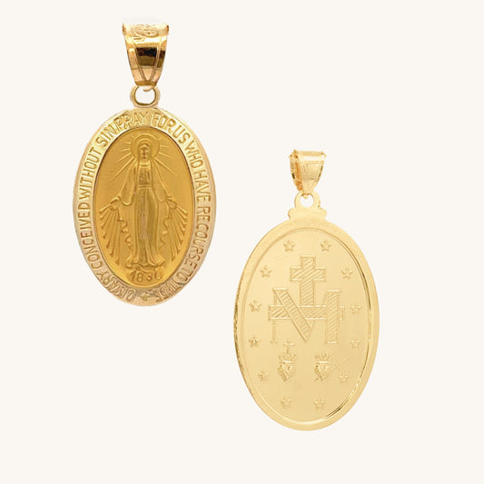 14K Double Bonded Gold Miraculous Virgin Mary oval medal necklace size S XL front and back main image