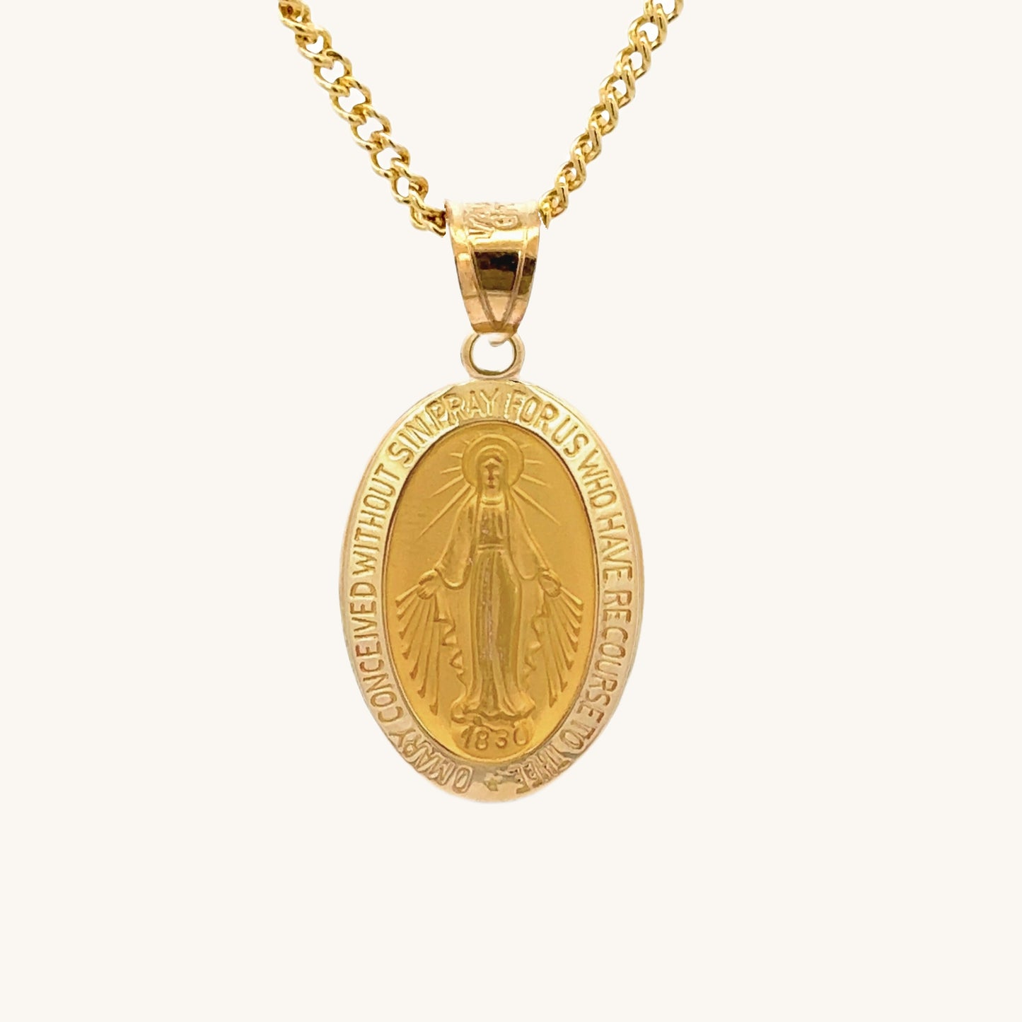 14K Double Bonded Gold Miraculous Virgin Mary oval medal necklace on cable chain main image S XL Pendant + 22" Cable Chain