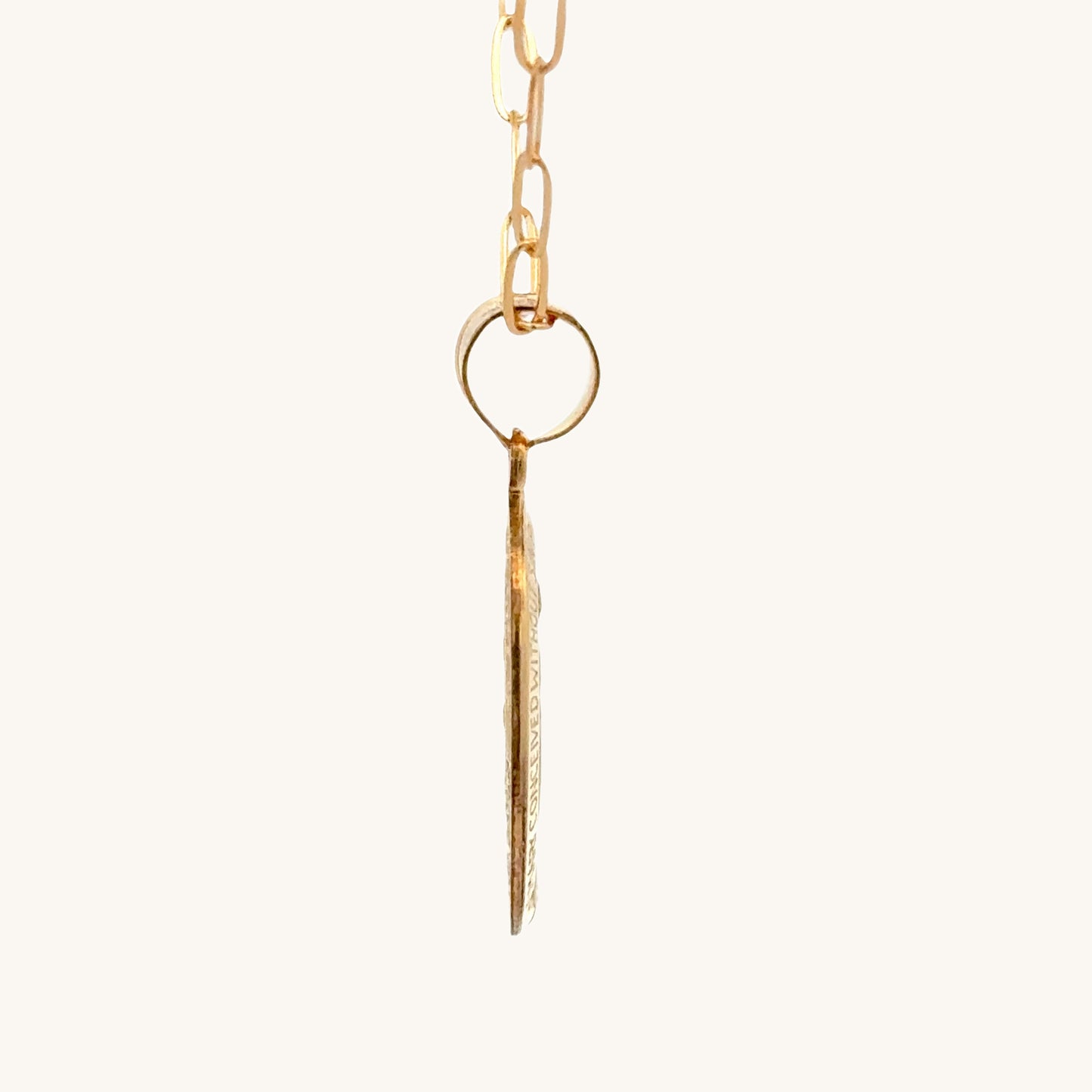 14K Double Bonded Gold Miraculous Virgin Mary oval medal necklace on paperclip chain side image