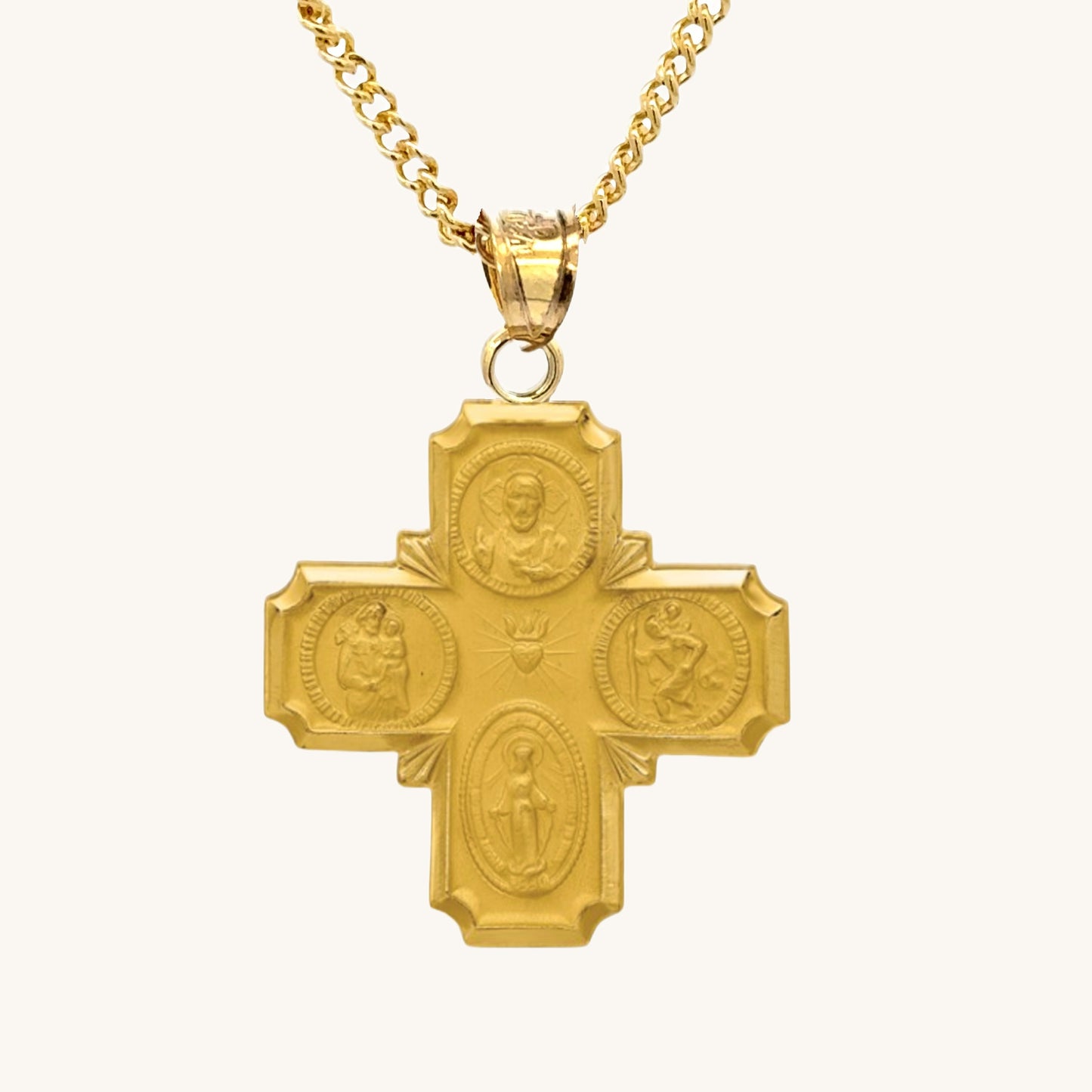 Solid 14K Double Bonded Gold Four Way Cross medal on cable chain main image