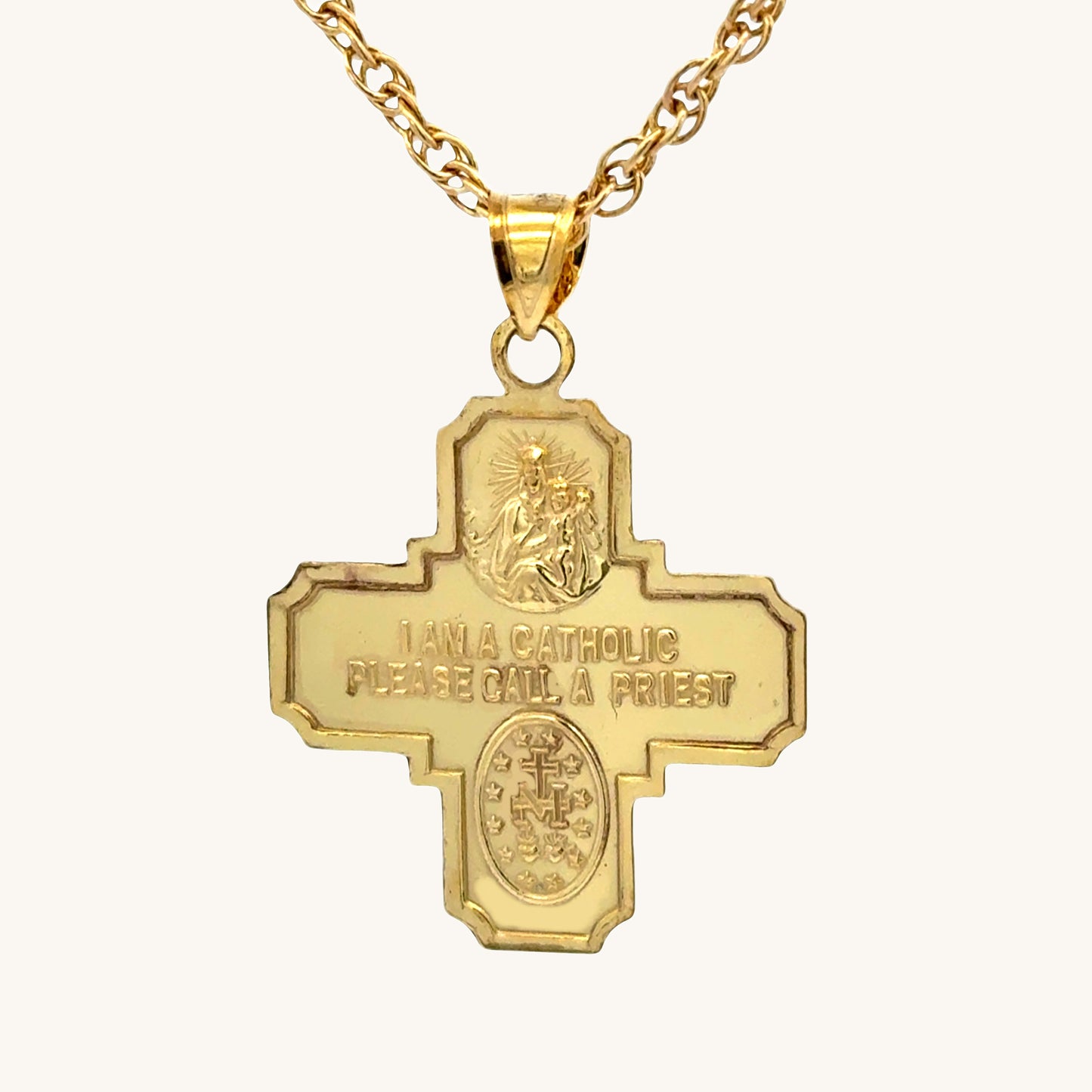 Solid 14K Double Bonded Gold Four Way Cross medal on rope chain back image