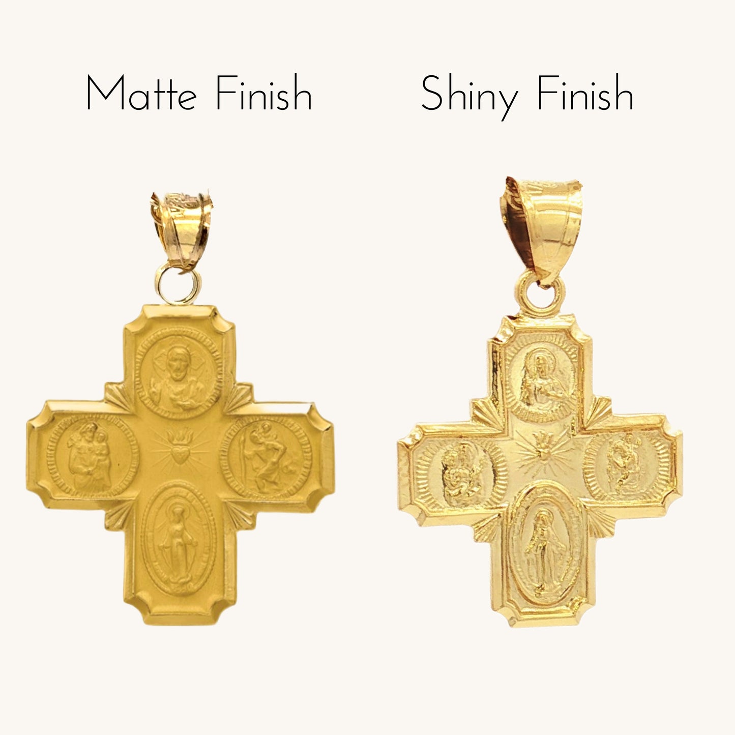 Solid 14K Double Bonded Gold Four Way Cross medal image M S size matte shiny finish comparison