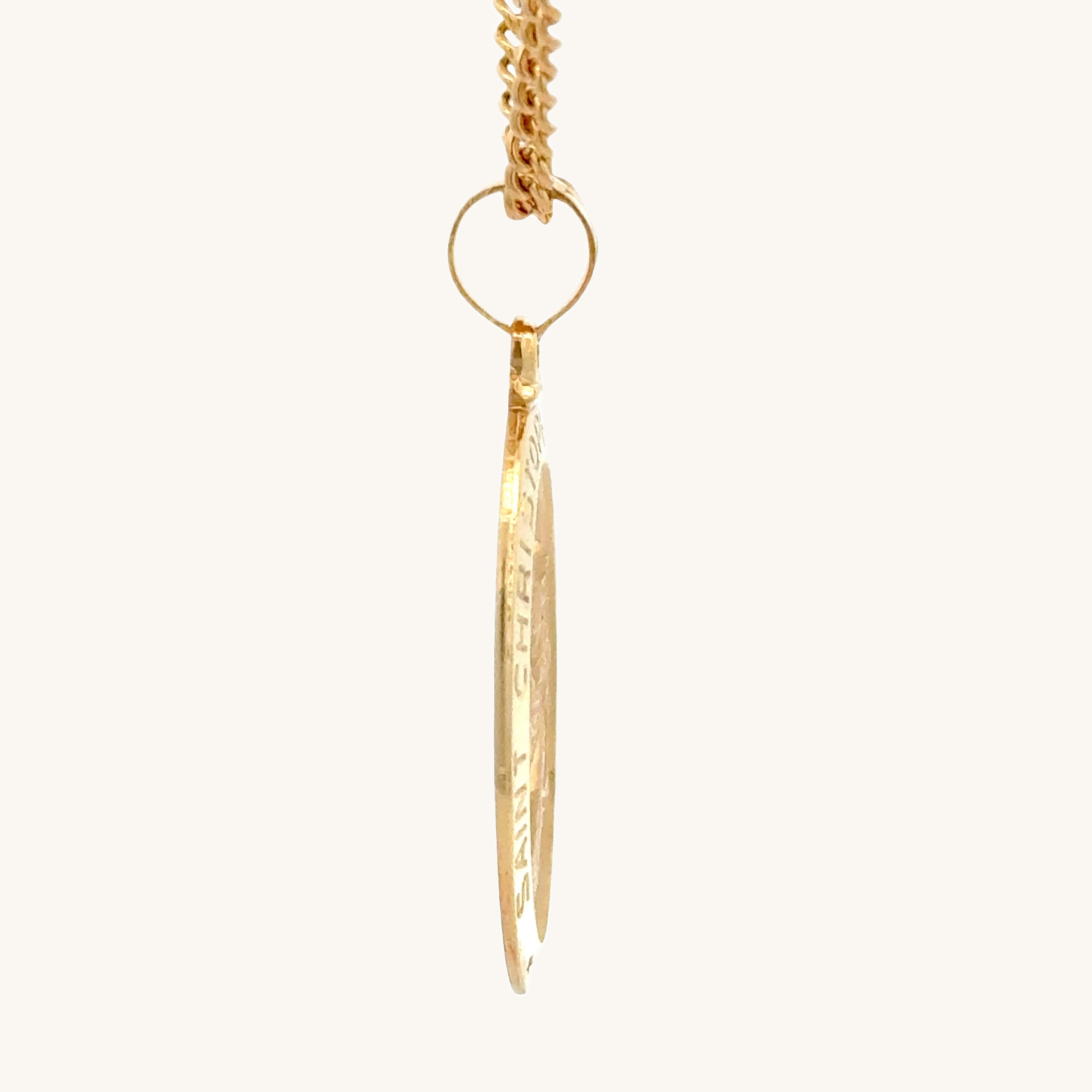 Solid 14K Double Bonded Gold Saint Christopher oval medal pendant on cable chain side image