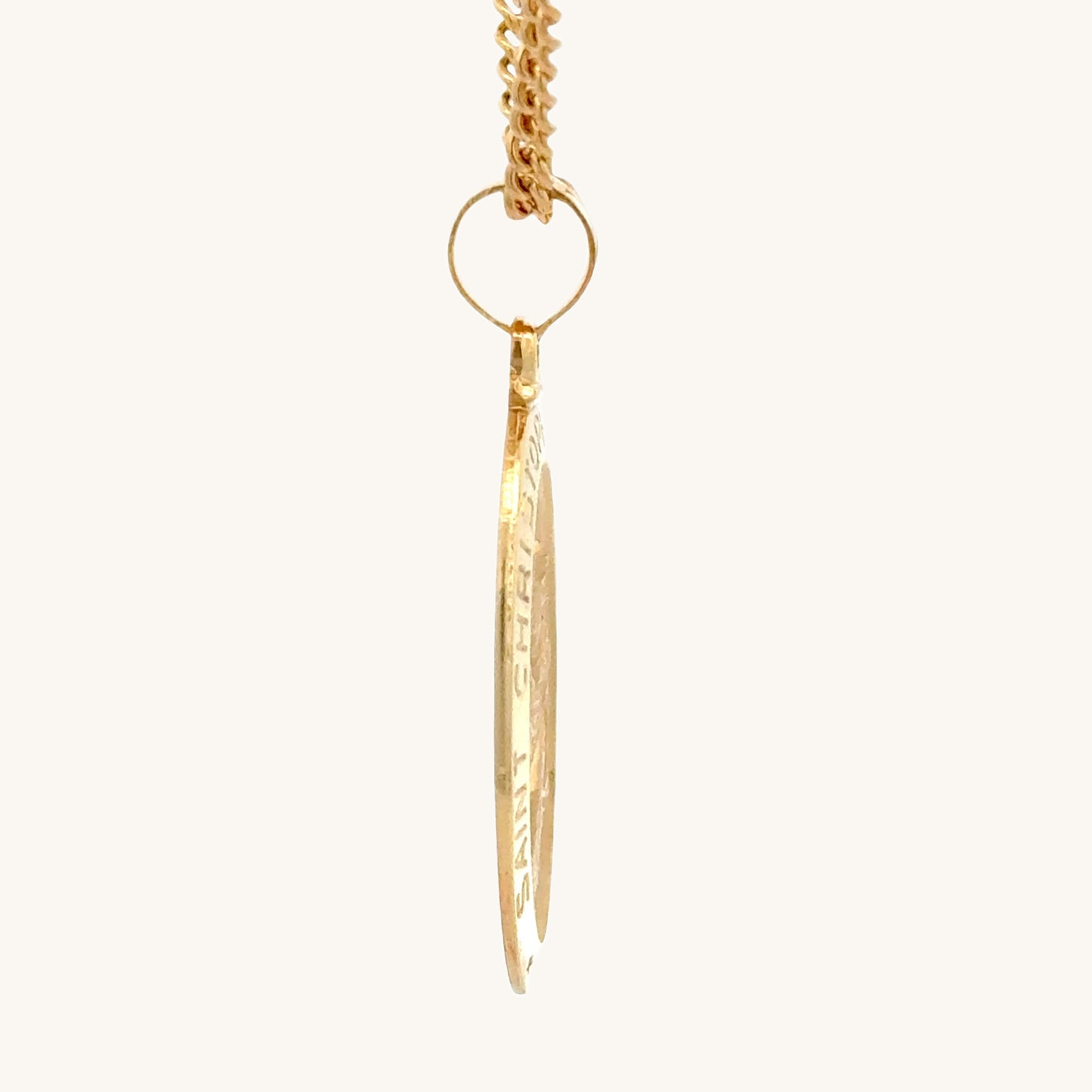 Solid 14K Double Bonded Gold Saint Christopher oval medal pendant on cable chain side image