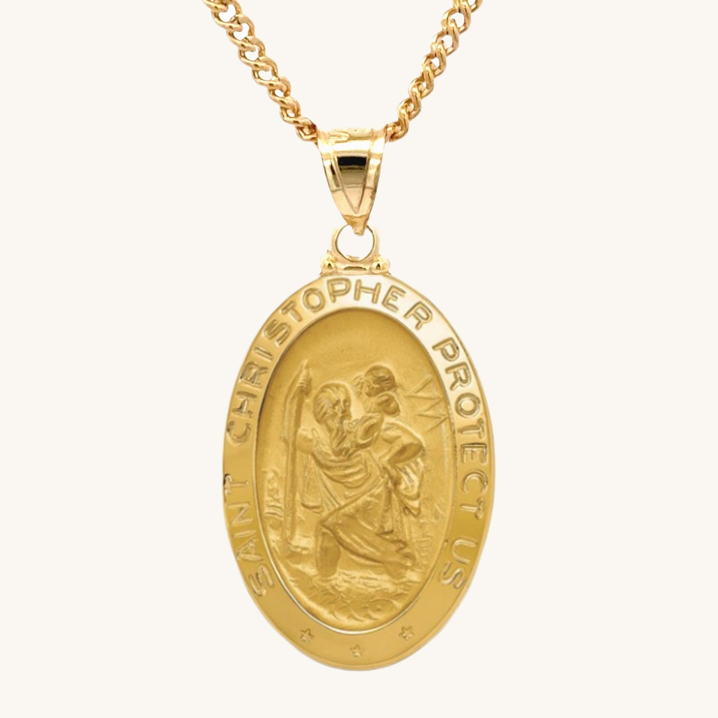 Solid 14K Double Bonded Gold Saint Christopher oval medal pendant on cable chain main image