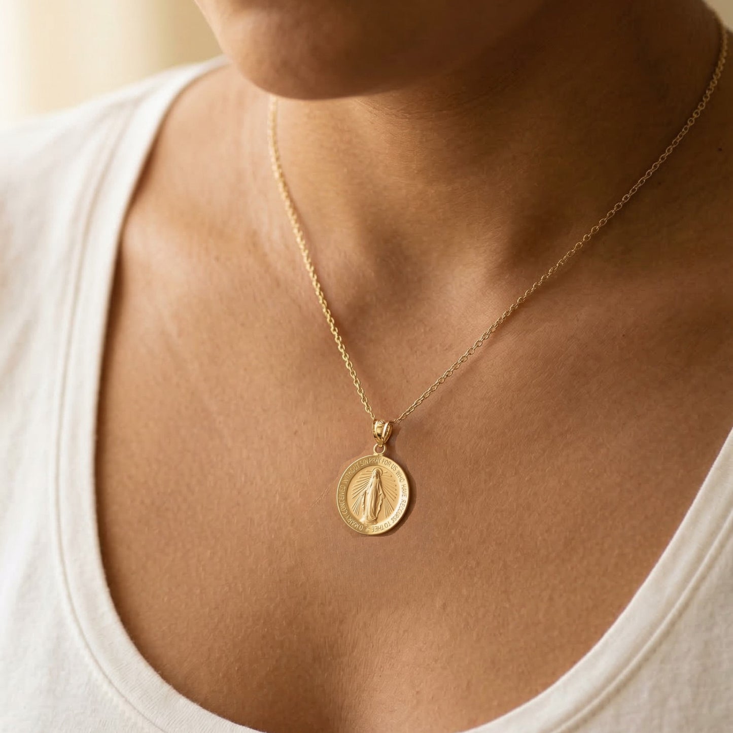 Solid 14K Gold Filled Virgin Mary Miraculous Round medal pendant only side image M (size of dime) matte shiny finish lifestyle image on woman