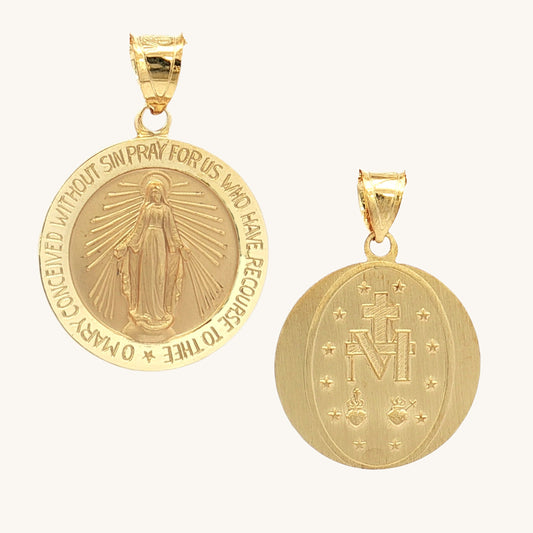 Solid 14K Gold Filled Virgin Mary Miraculous Round medal pendant only main front and back image M (size of dime)