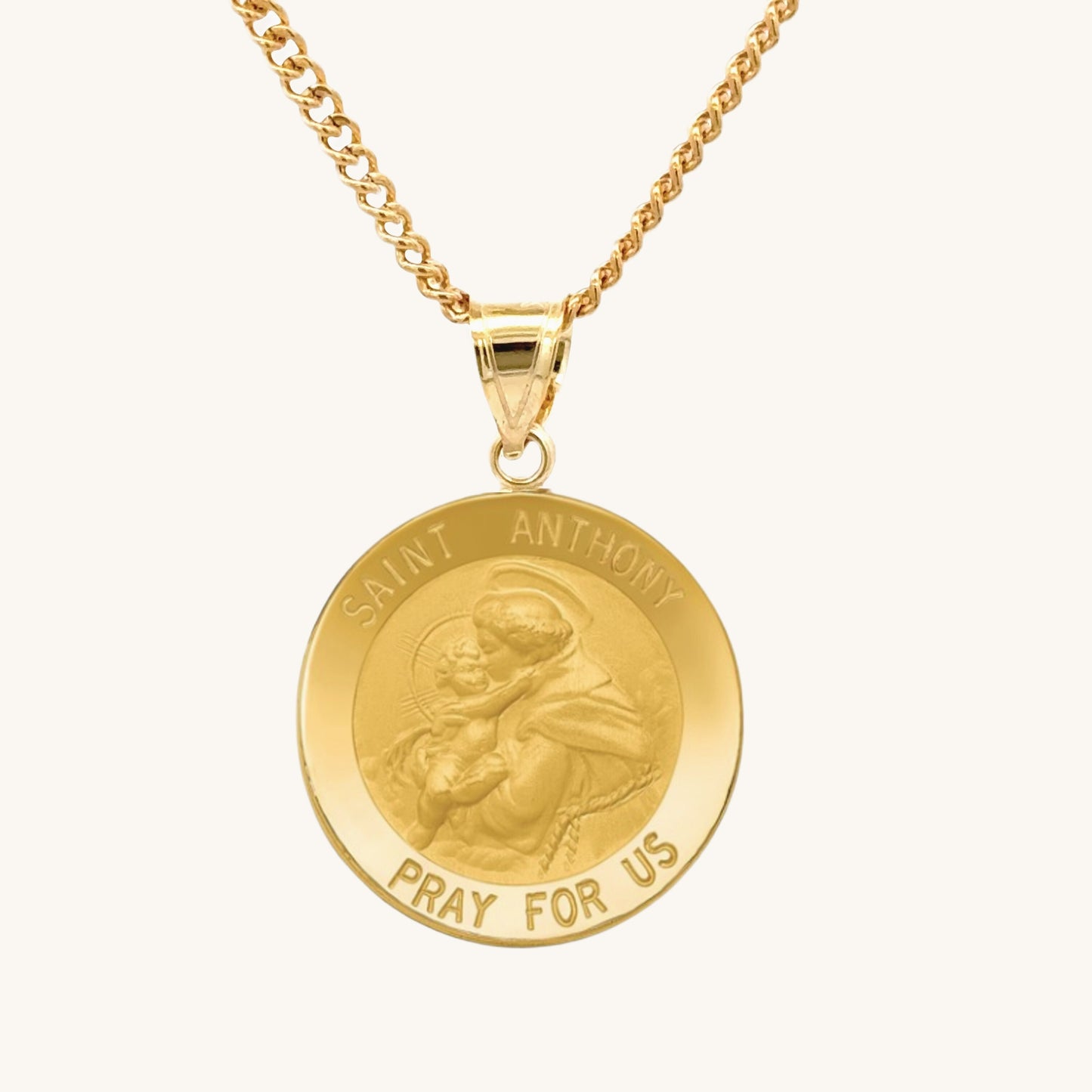 Solid 14K Double Bonded Gold Saint Anthony medal pendant on cable chain main image