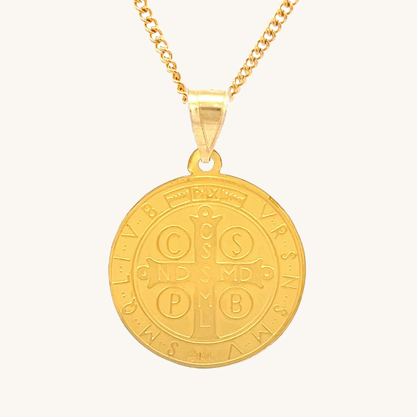 Solid 14K Double Bonded Gold Saint Benedict pendant medal on cable chain back image L (size of Nickel) M (size of Dime)