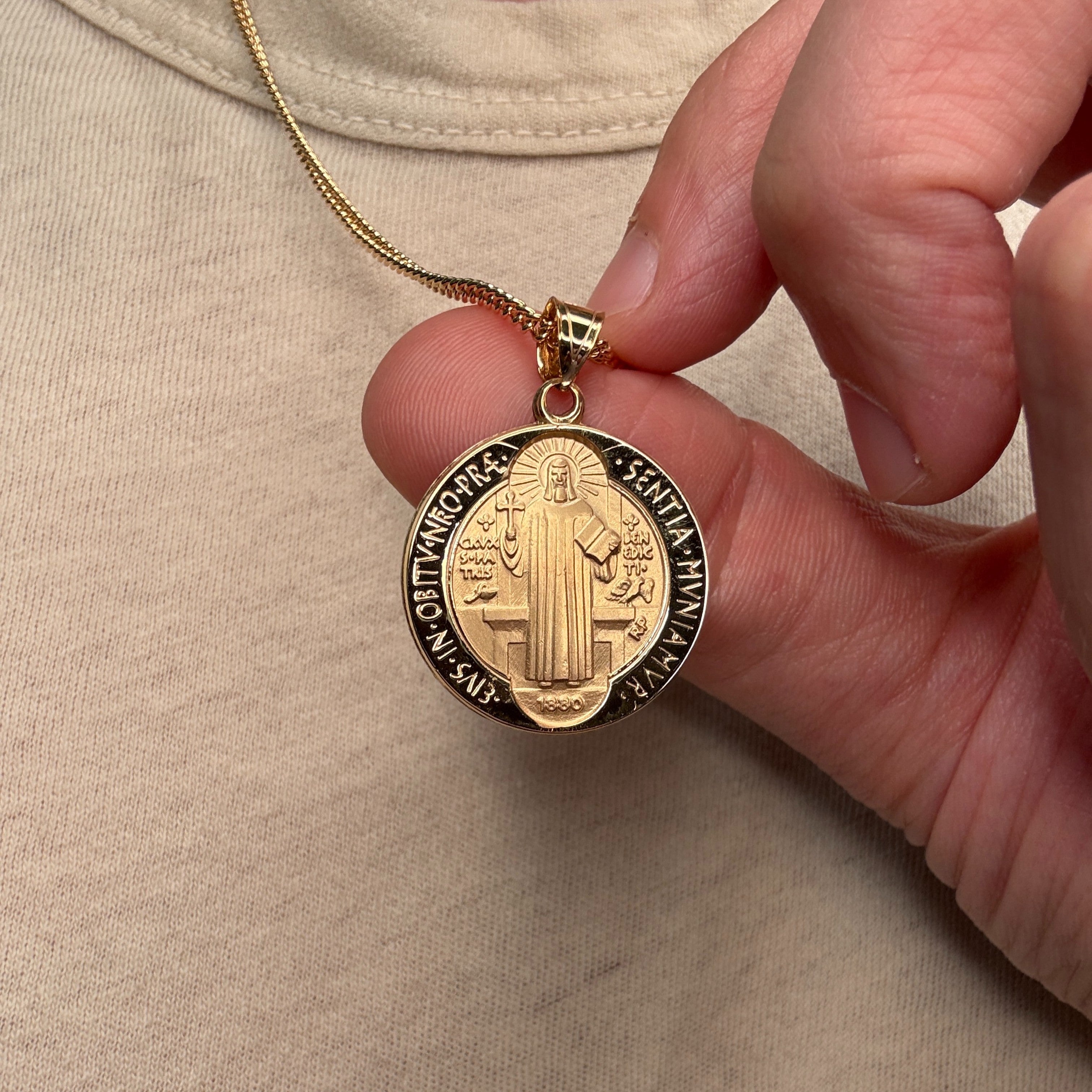Solid 14K Double Bonded Gold Saint Benedict pendant medal on cable chain lifestyle close up image L (size of Nickel) M (size of Dime)