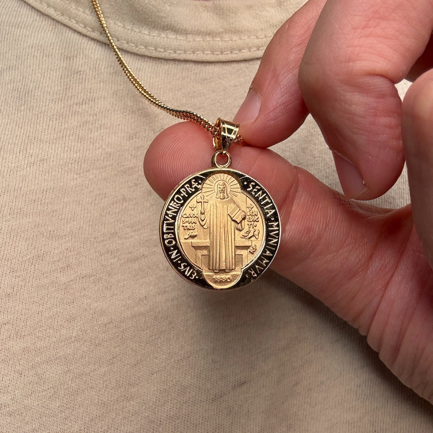 Solid 14K Double Bonded Gold Saint Benedict pendant medal on cable chain lifestyle close up image L (size of Nickel) M (size of Dime)