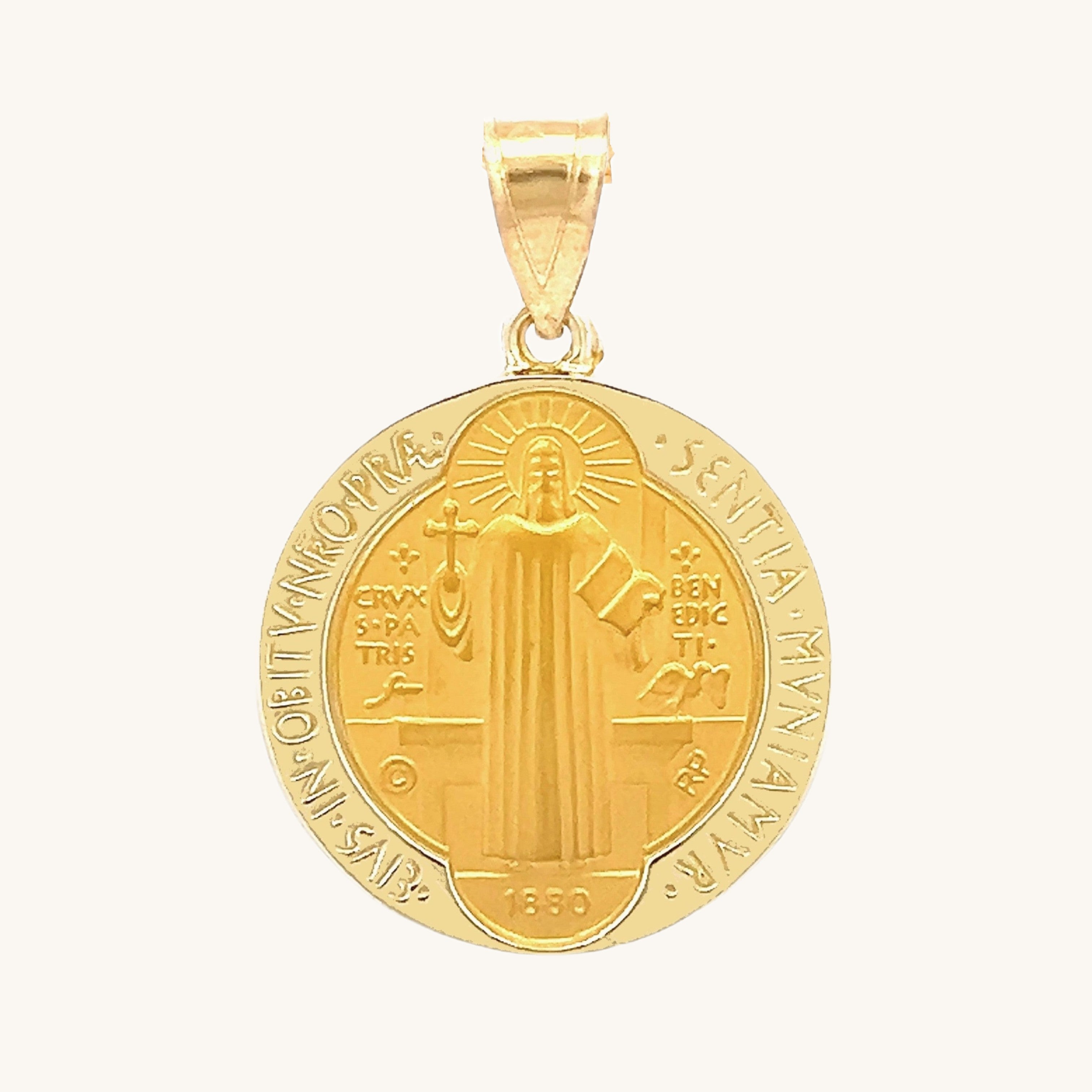 Solid 14K Double Bonded Gold Saint Benedict pendant medal pendant only main image L (size of Nickel) M (size of Dime)