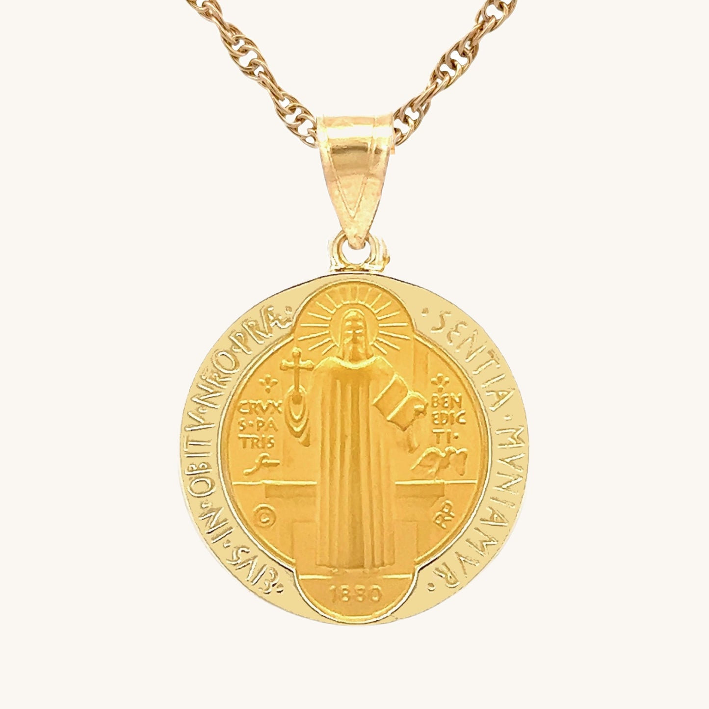Solid 14K Double Bonded Gold Saint Benedict pendant medal on rope chain main image L (size of Nickel) M (size of Dime)