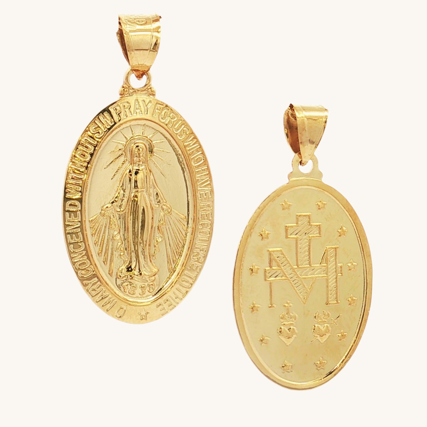 14K Double Bonded Gold Miraculous Virgin Mary oval medal necklace Pendant Only shiny finish S M XL main image
