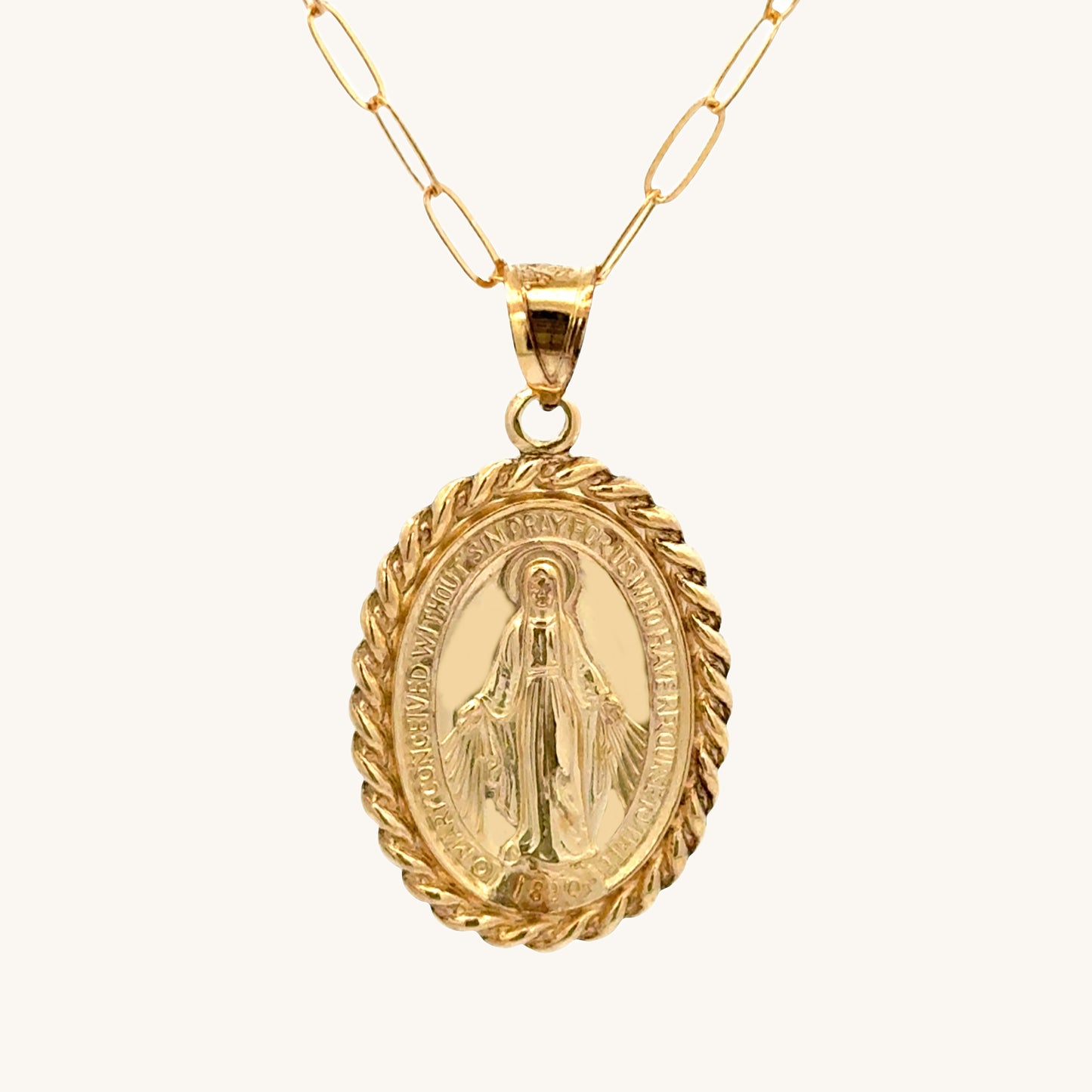 Solid 14K Double Bonded Gold Miraculous Virgin Mary Border medal pendant on paperclip chain main image