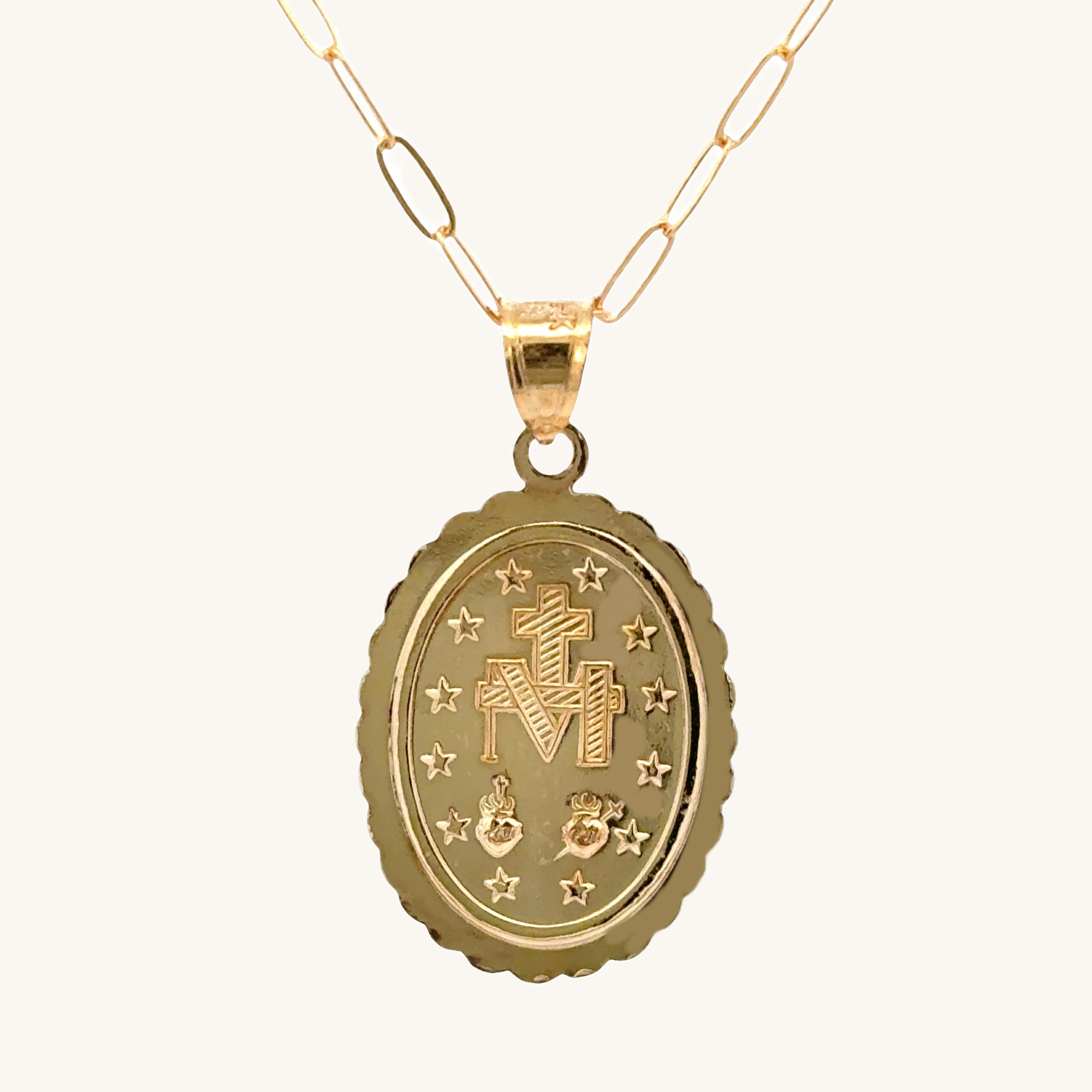 Solid 14K Double Bonded Gold Miraculous Virgin Mary Border medal pendant on paperclip chain back image