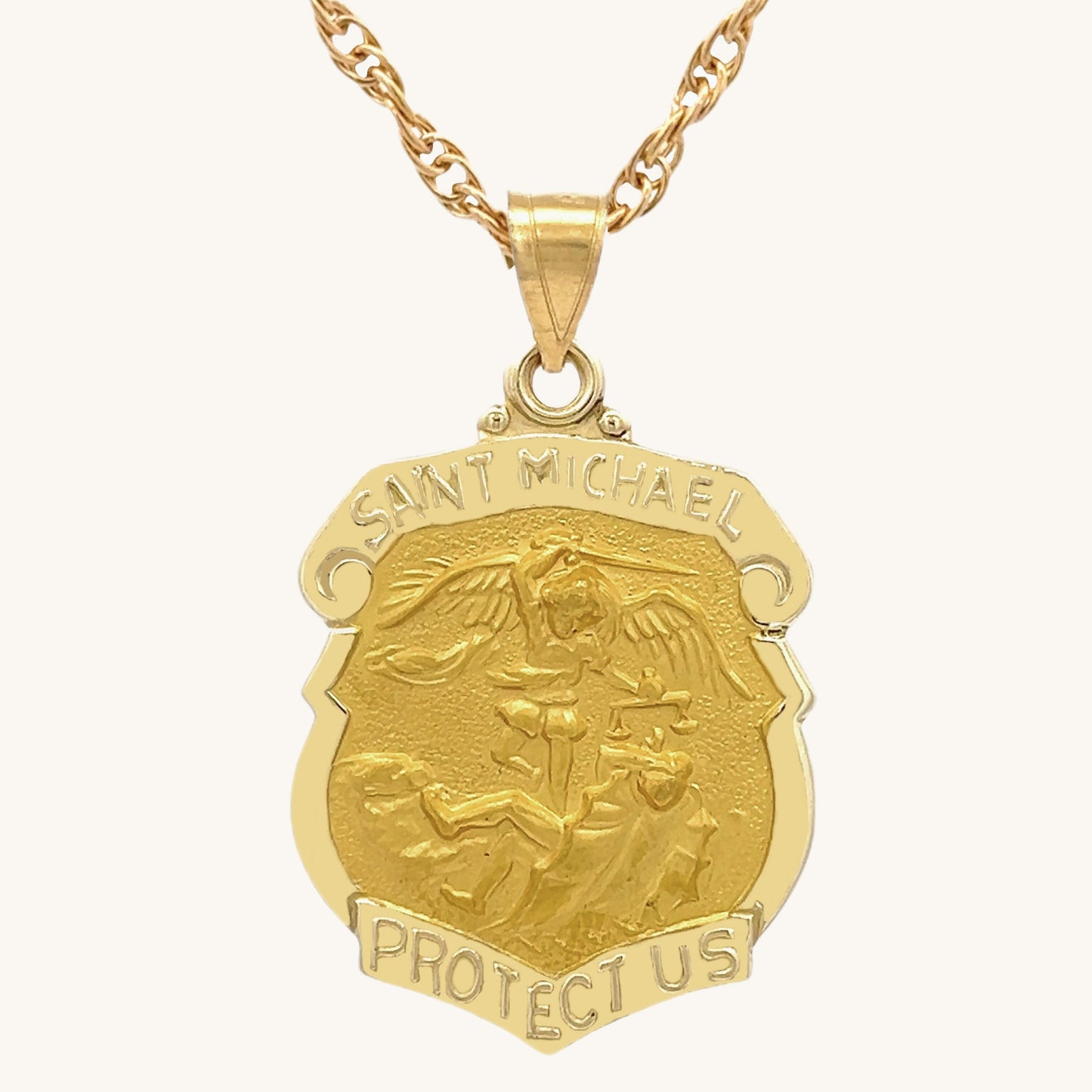 Solid 14K Double Bonded Gold Saint Michael Badge Shield medal on rope chain main image