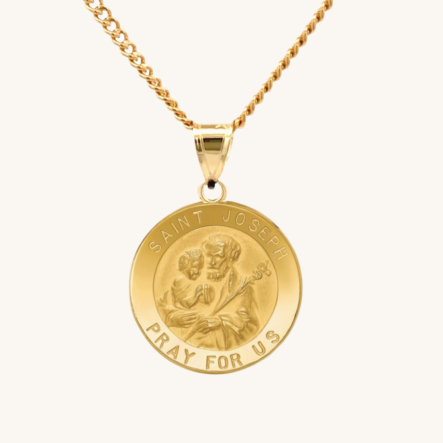 Solid 14K Double Bonded Gold Saint Joseph pendant medal on cable chain main image size L (size of Nickel) M (size of Dime)