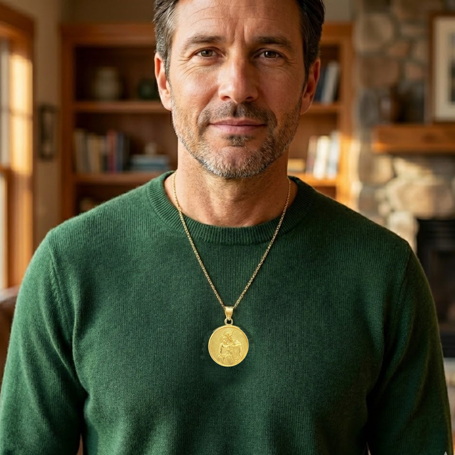 Solid 14K Double Bonded Gold Saint Anthony pendant medal pendant only image size XL (1") XS (1/2") lifestyle image