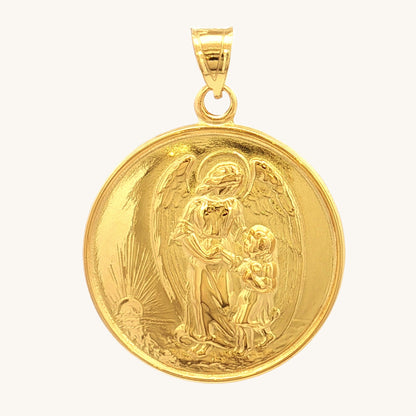 Solid 14K Double Bonded Gold Guardian Angel pendant medal pendant only image size XL (1") main image