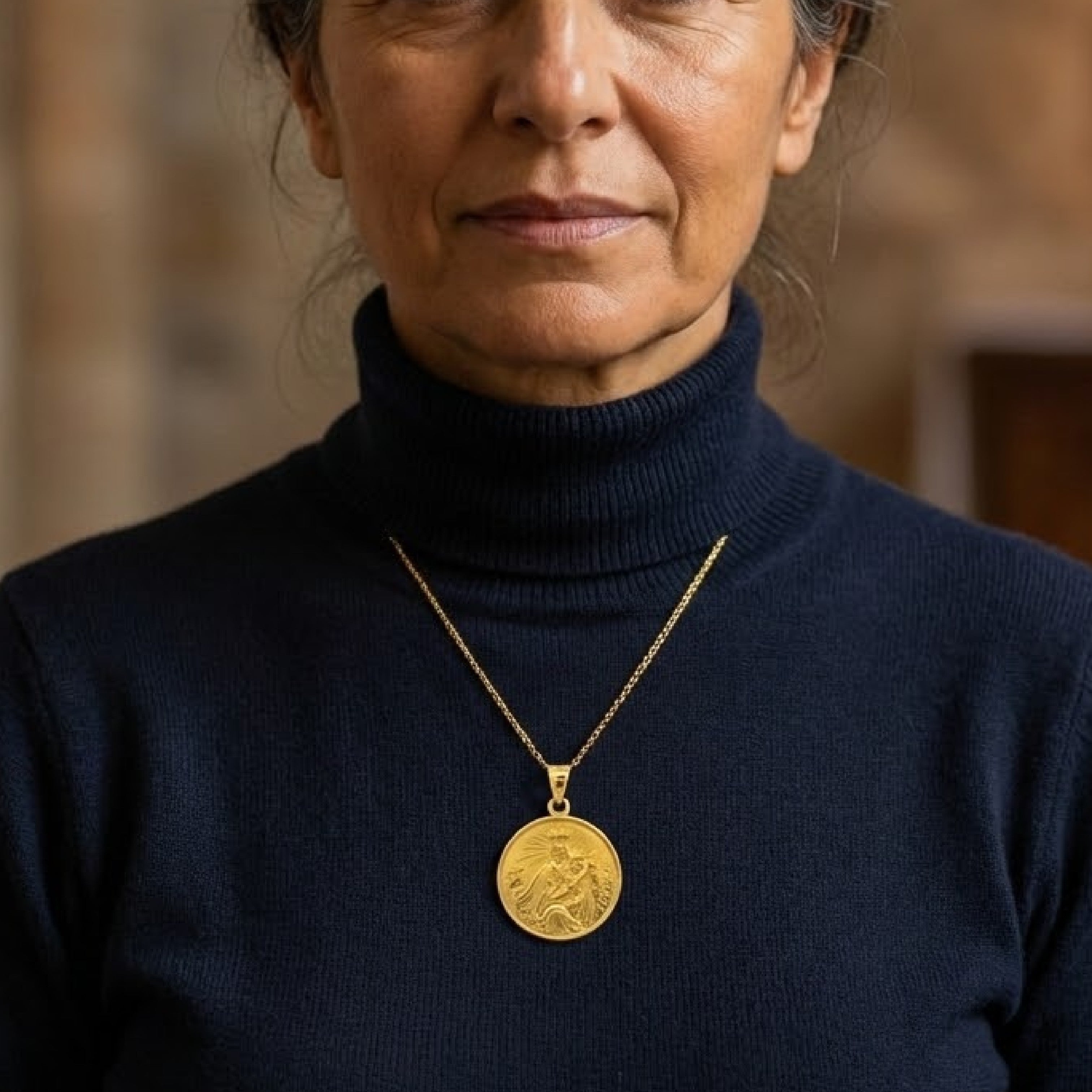 Solid 14K Double Bonded Gold Our Lady of Mount Carmel pendant medal pendant only image size XL (1") XS (1/2") lifestyle image