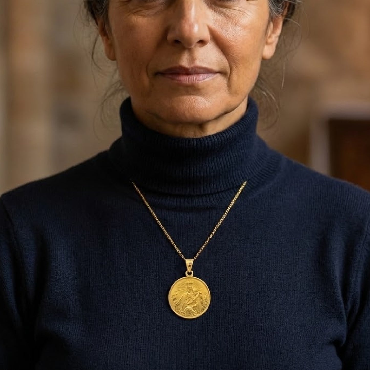 Solid 14K Double Bonded Gold Our Lady of Mount Carmel pendant medal pendant only image size XL (1") XS (1/2") lifestyle image