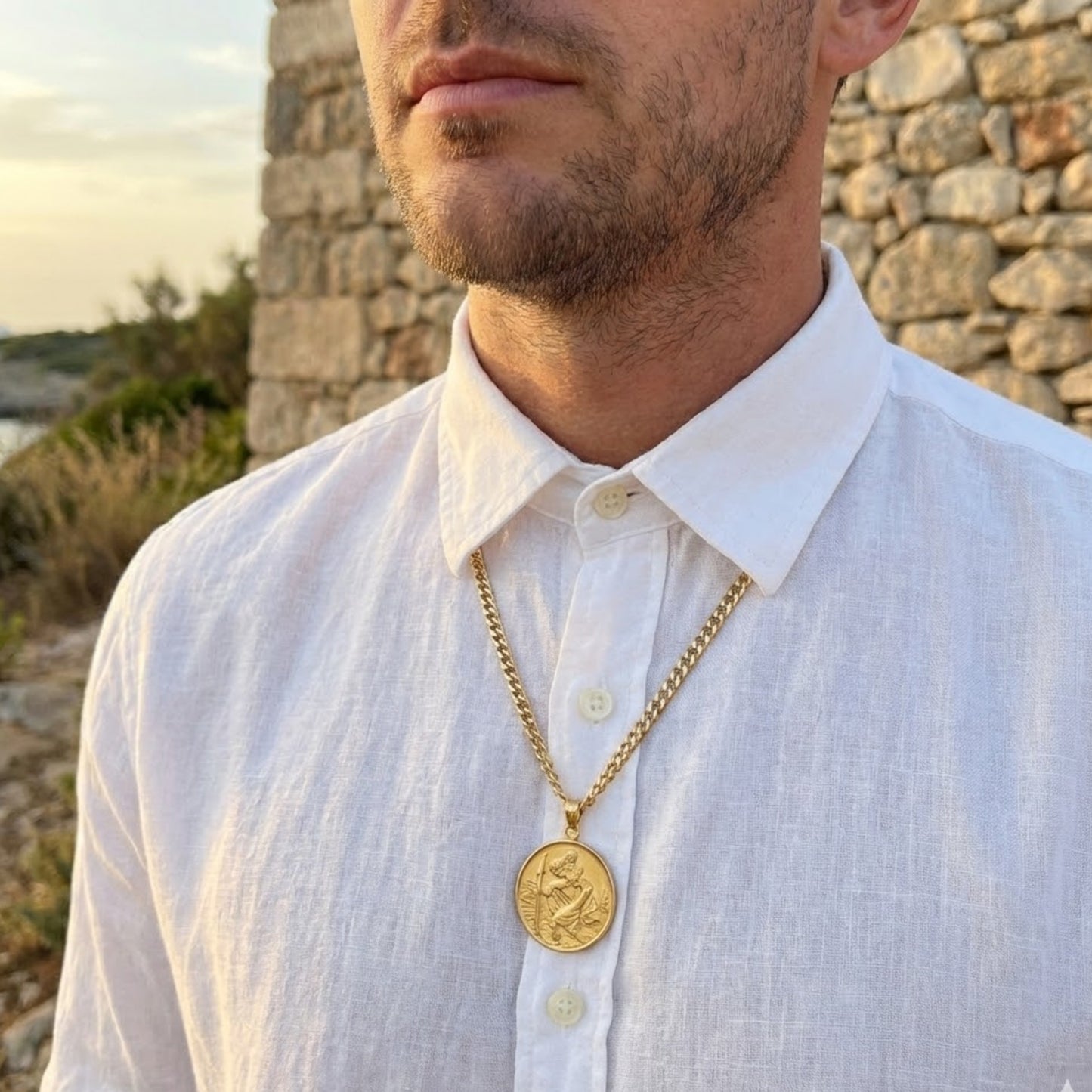 Solid 14K Double Bonded Gold Saint Christopher pendant medal pendant only image size XL (1") XS (1/2") lifestyle image